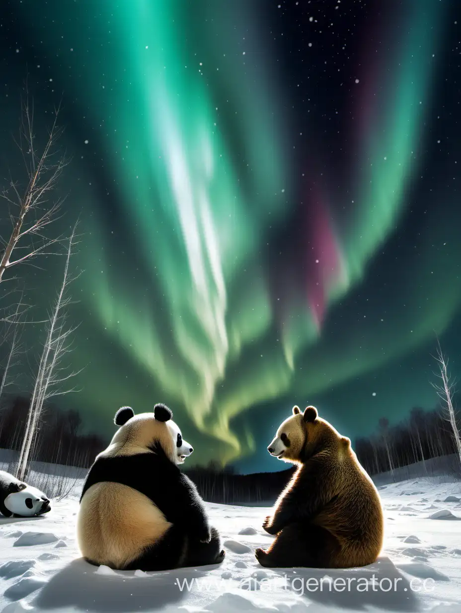 A panda and a brown bear sat in the snow at night looking at an aurora in the sky.