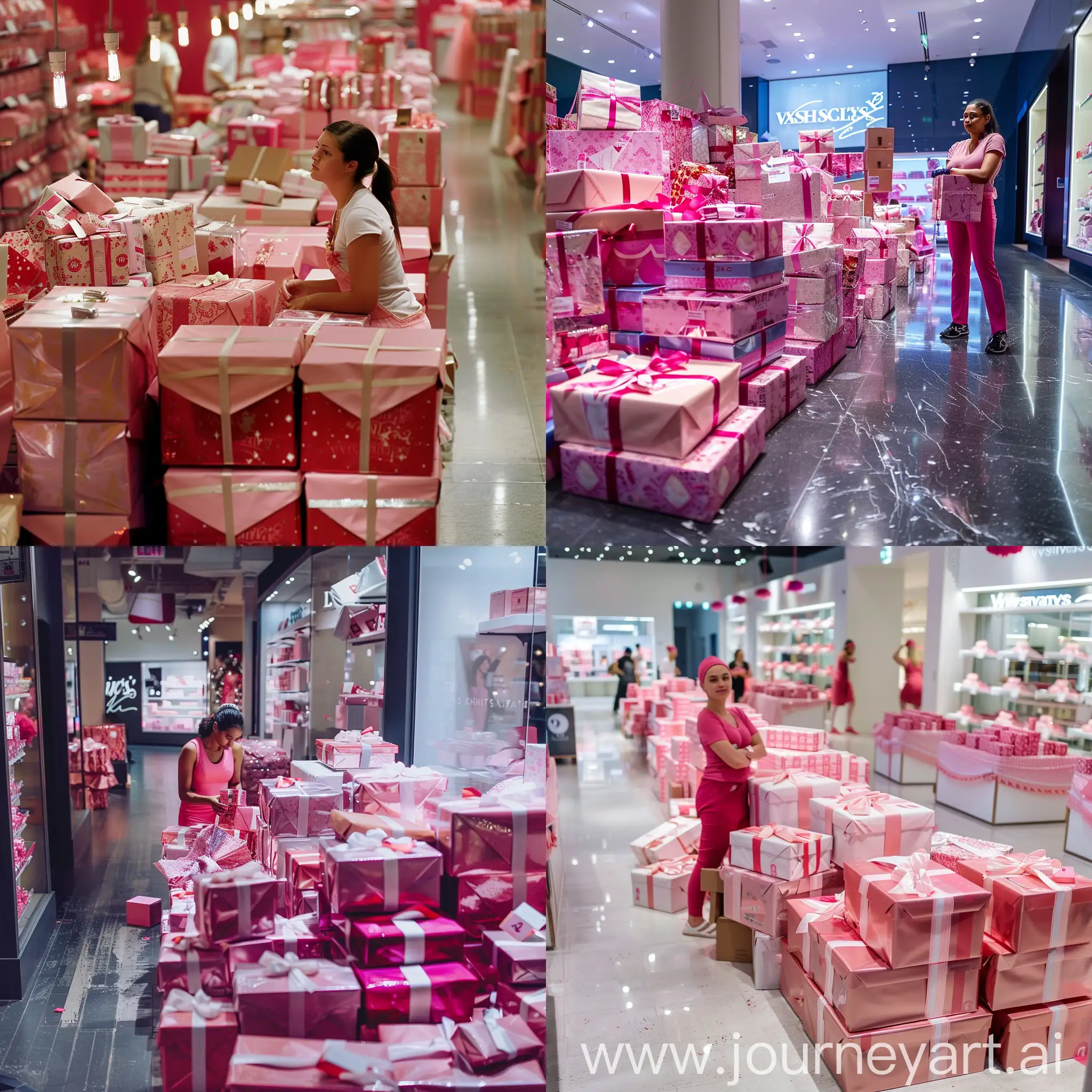Real photo of a woman worker in the victoria's secret shop, standing near gift boxes stacked on the floor