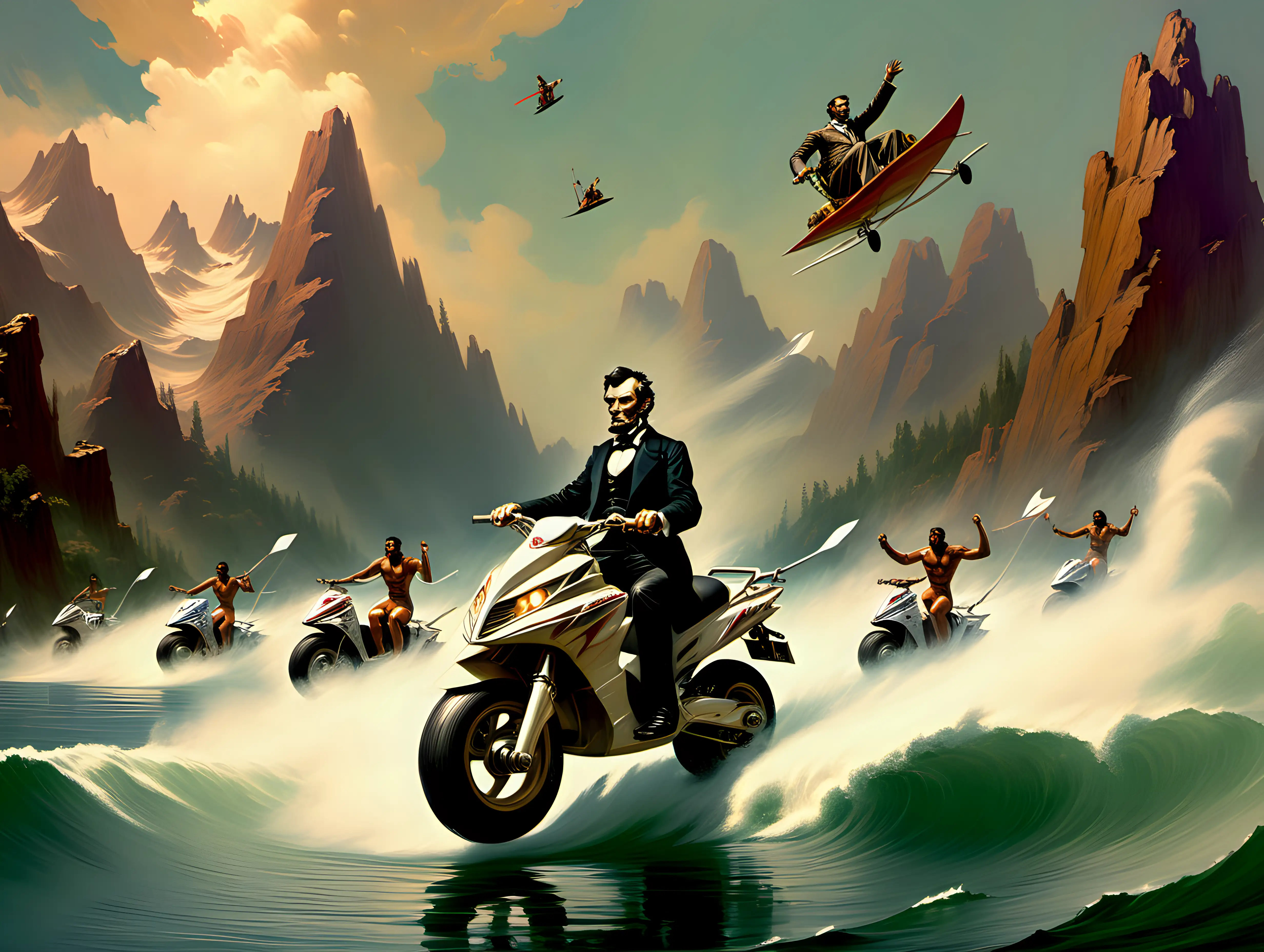 Abraham Lincoln riding a jet sky on a lake chased by wind surfing ogres surrounded by giant mountains Frank Frazetta style