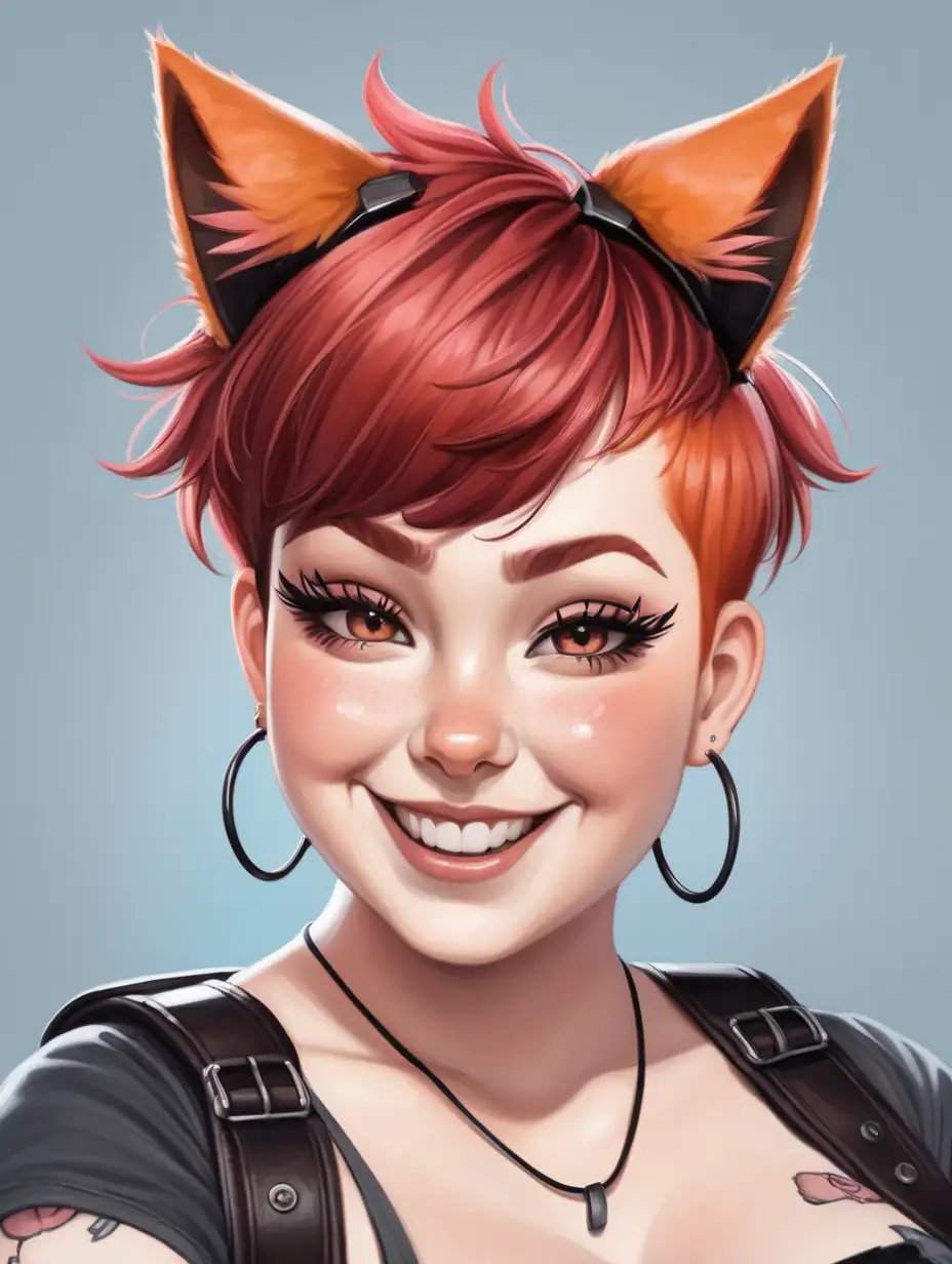 Plus size happy girl with short red hair in a mohawk style and cat ears