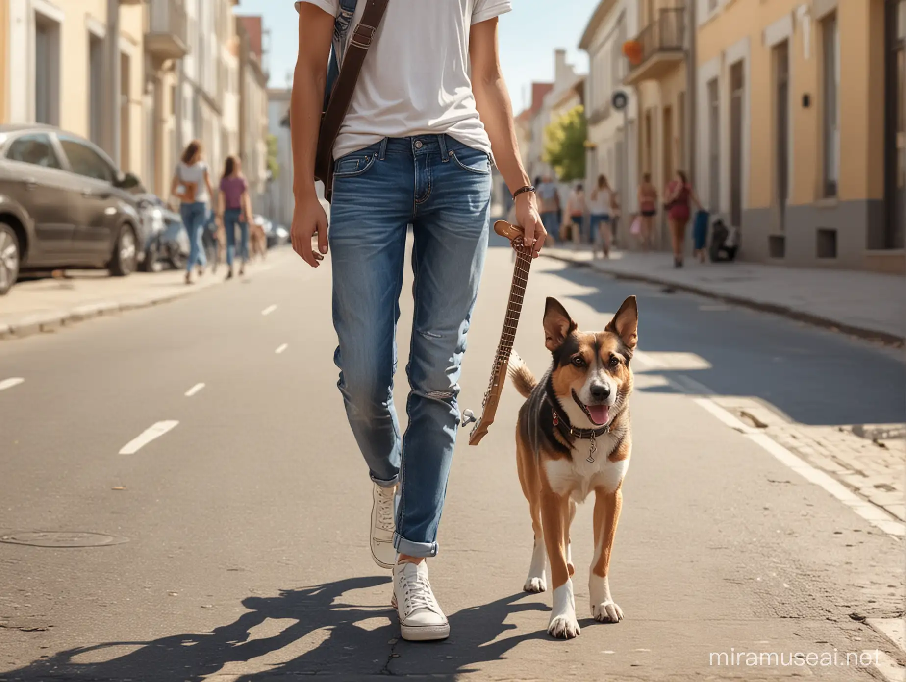 student boy in jeans with electric guitar in his hand walkin down the street in sunny summer day with his mongrel dog. Photorealistic. There are girls around student. They are looking at student