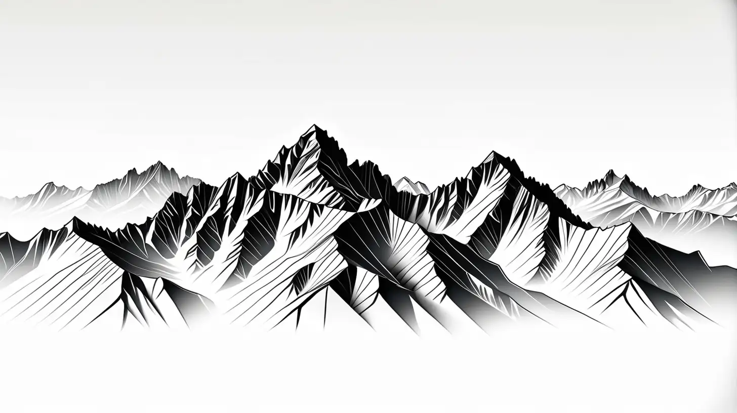 stunning mountain range, white background, all lines connected, entire range shown, high contrast
