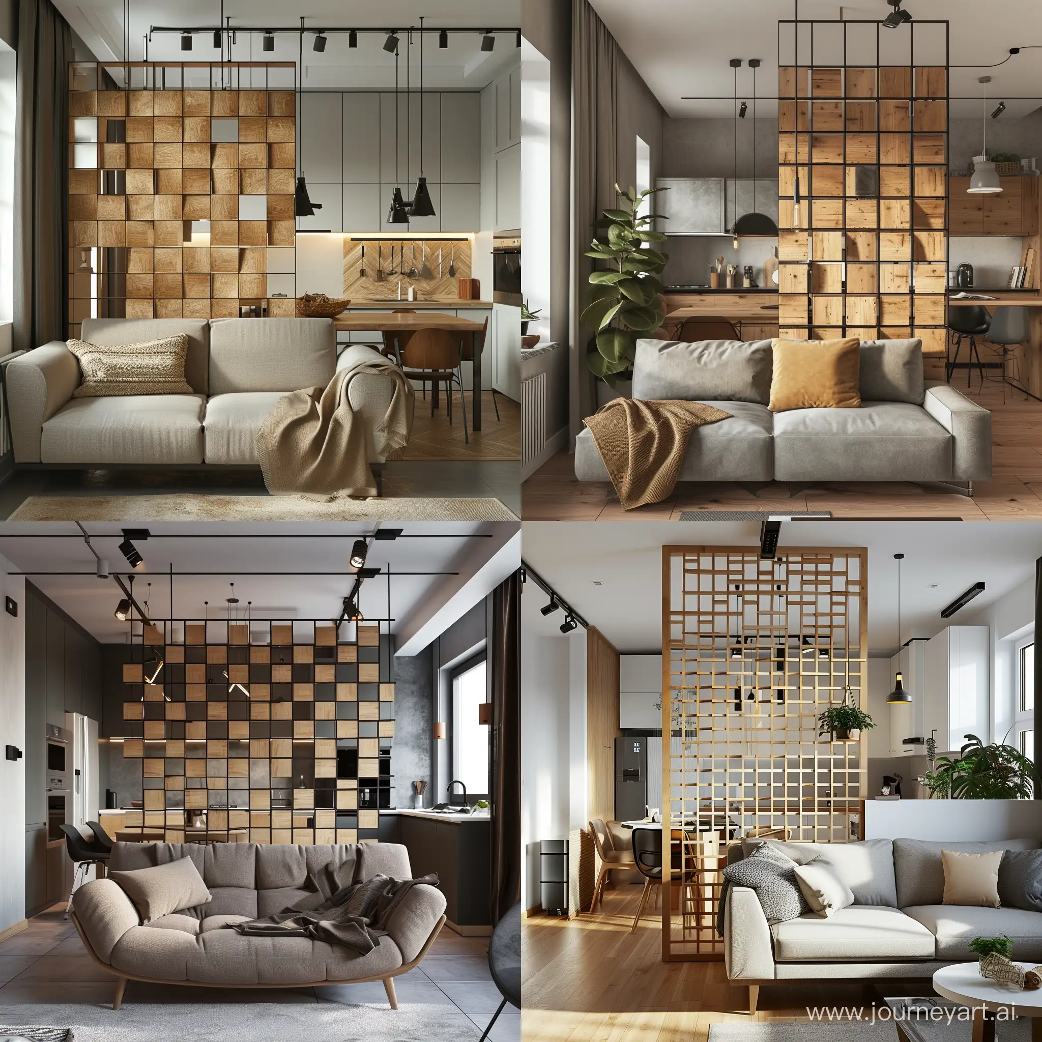 Scandinavian design studio apartment, in the apartment there is a sofa, a workplace, a kitchen, a modular screen made of squares of wood hangs between the kitchen and recreation area, realistic photo