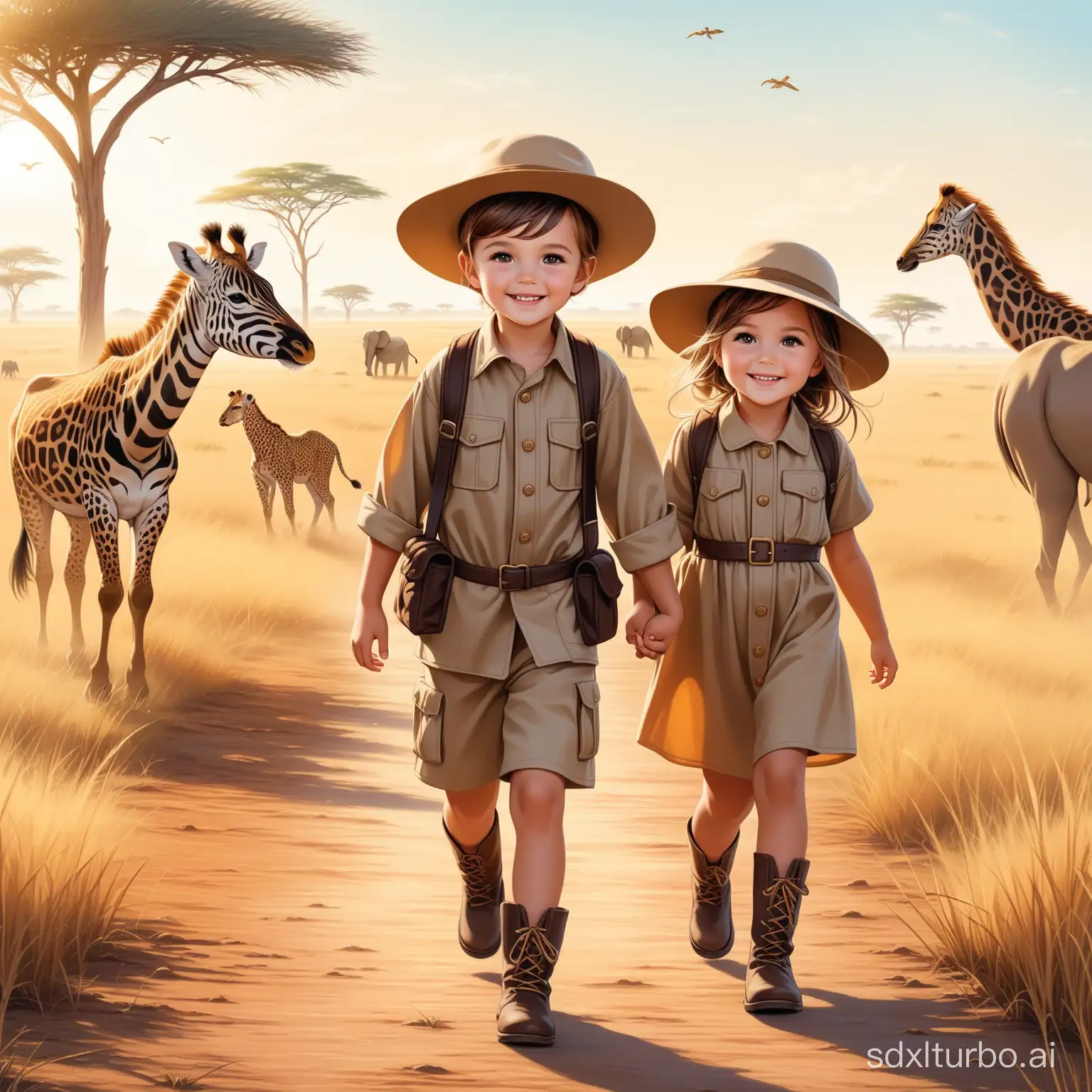 A cute little boy and a little girl in traveler costumes, safari, boots and hat, strolling through the savannah, smiling at the camera. Animals are depicted behind them in a photorealistic style.