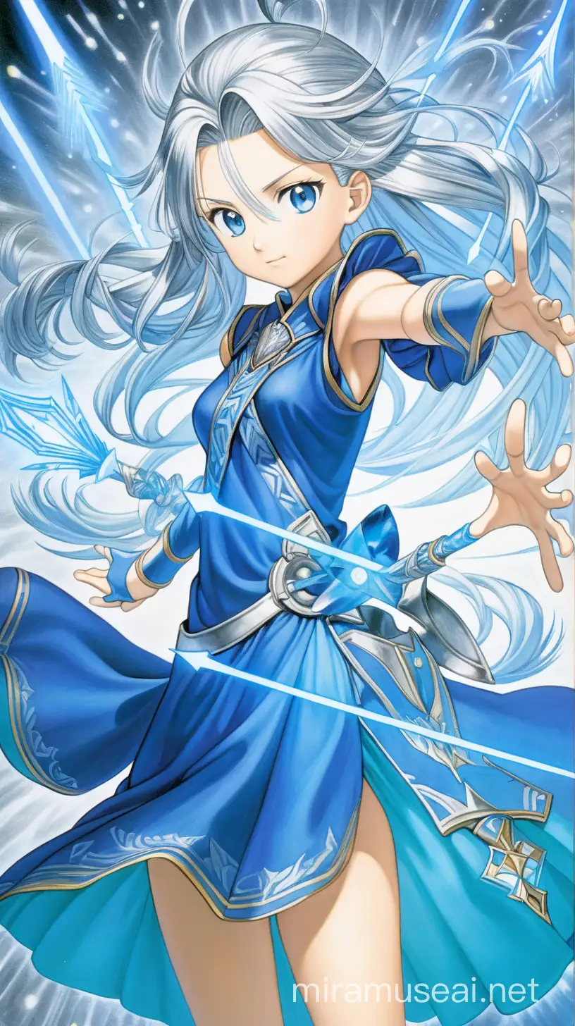 A young woman; silver hair and blue eyes; blue dress; casting magic blue light arrows, manga, Eiichirō Oda style