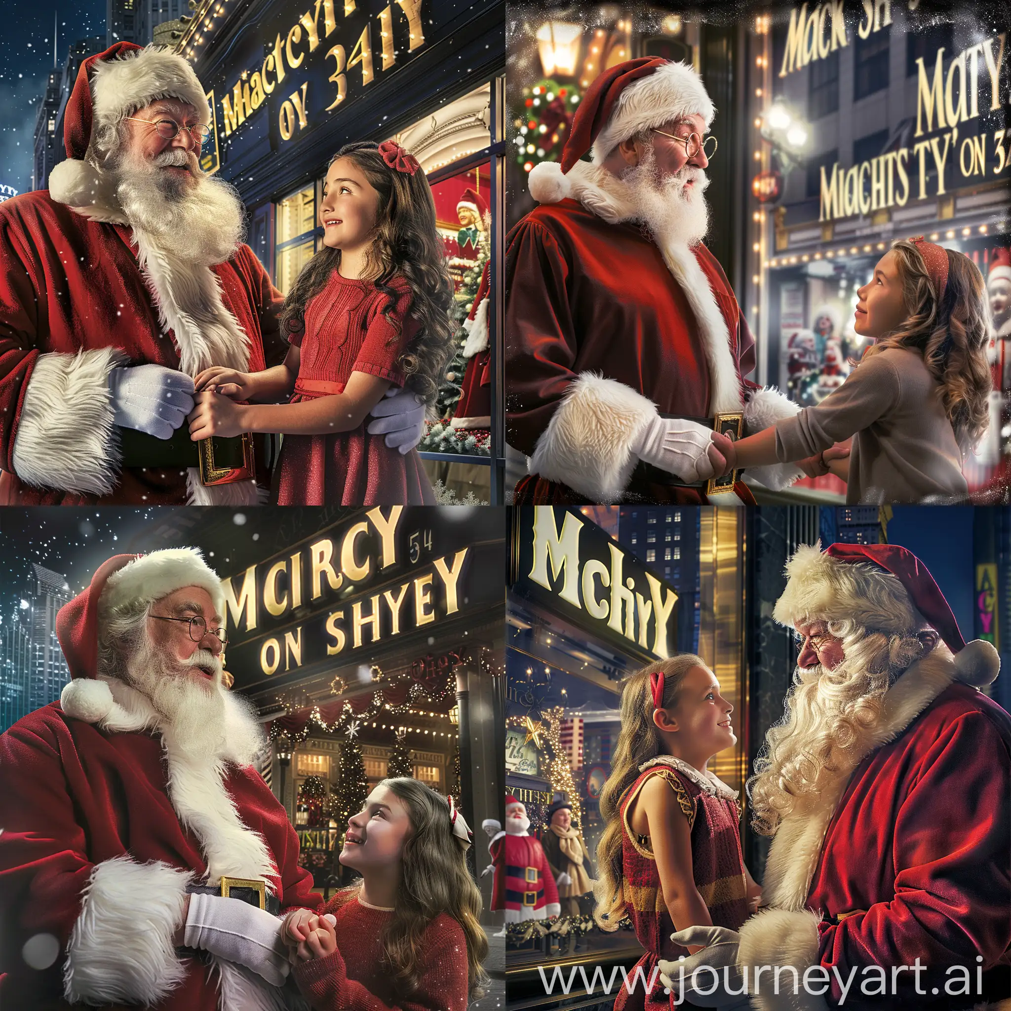 Make a Poster for the Broadway show miracle on 34th street. Feature Santa and young girl holding hands and standing by Macy's holiday store window.