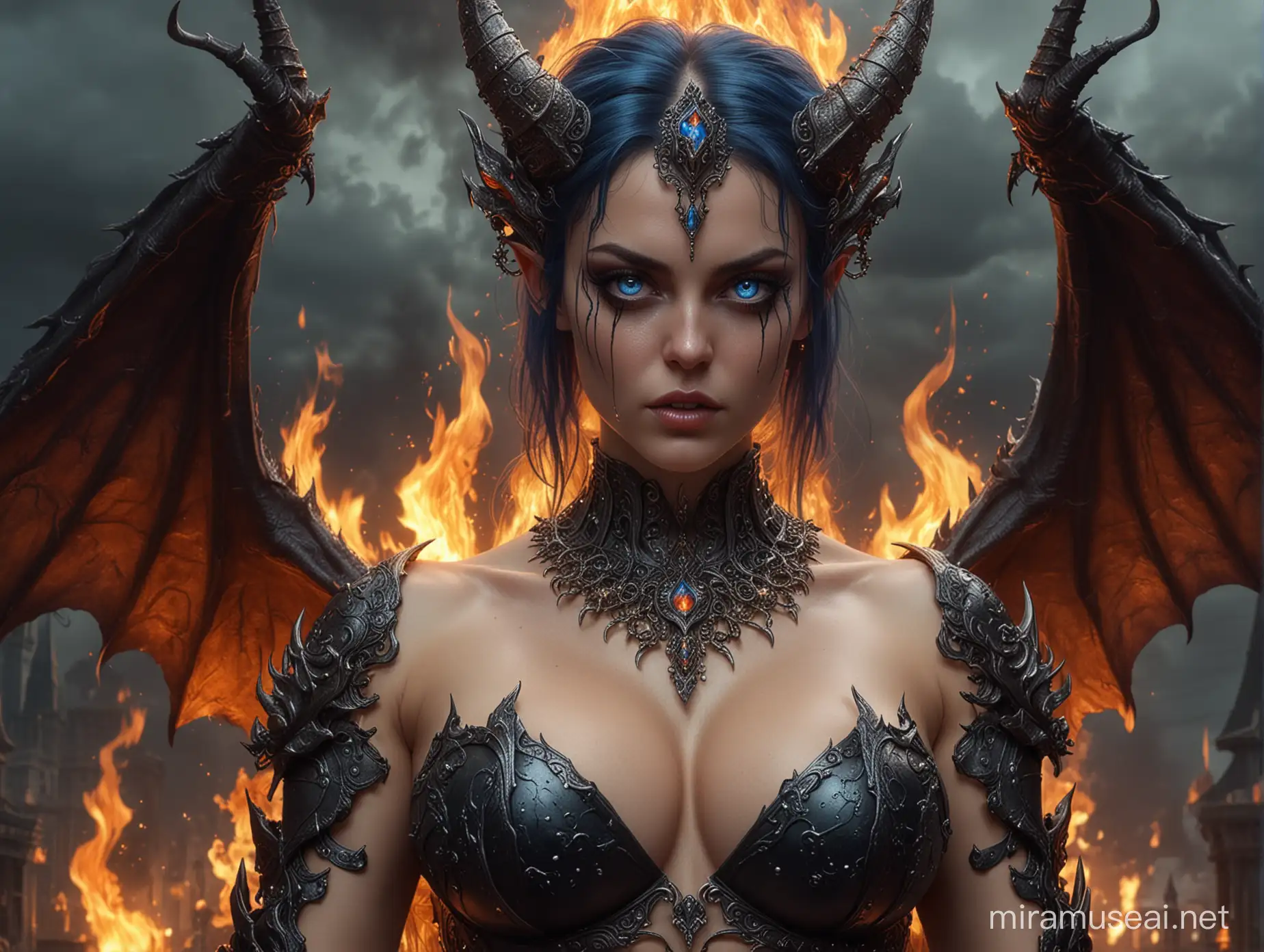 a horrifying terrifying but gorgeous and sexy Succubus, blue eyes, ornate jewlery, nude, big breast, perfect body, ornate very revealing armor but naked underneath, flames, hyperrealism, beautiful, ominous apocalyptic storm brewing, fantasy art, digital painting, extreme detail, mysterious, ominous, vibrant colors, photorealistic, vibrant colors, surrealism, unreal engine, deviantart