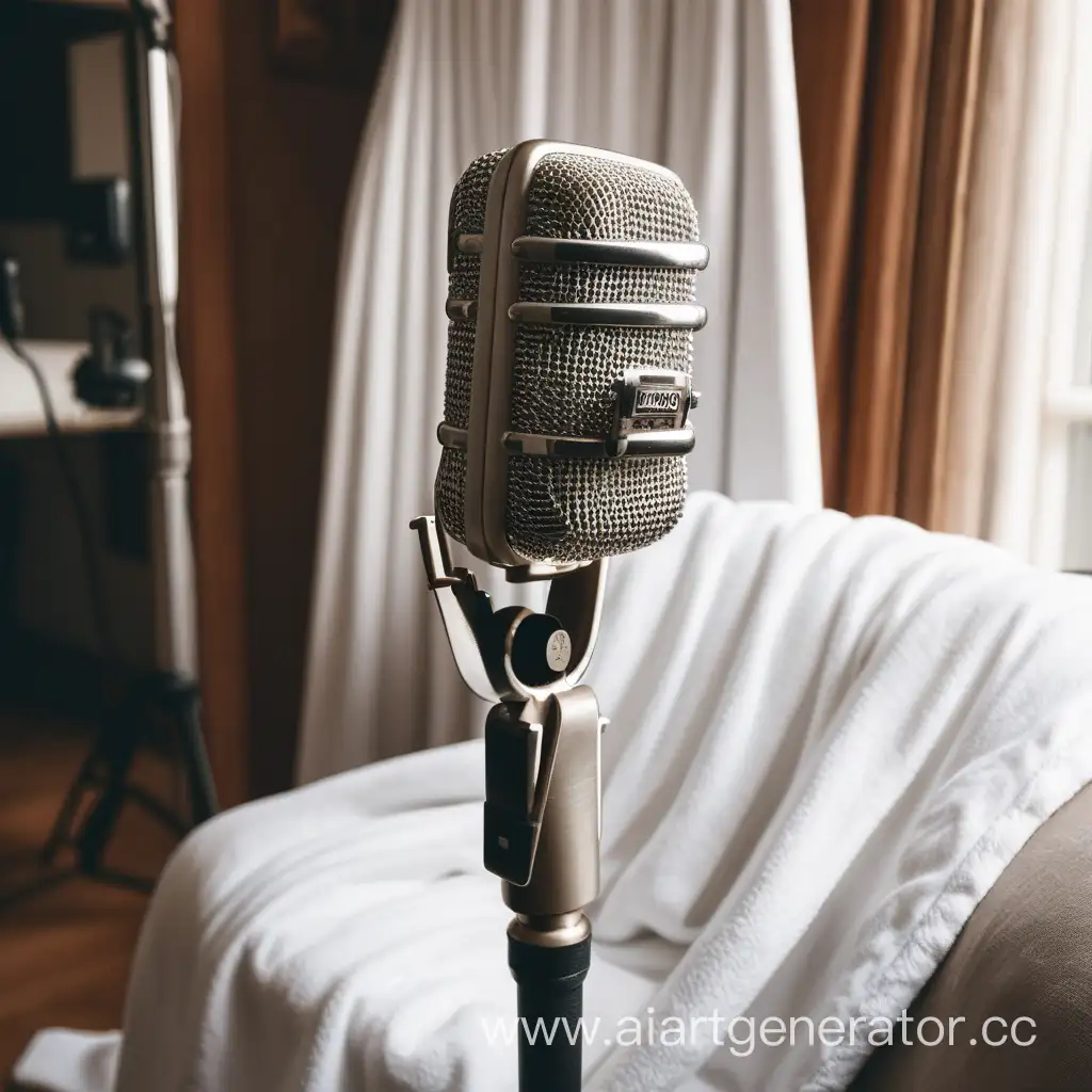 студийный микрофон в домашнем белом халате