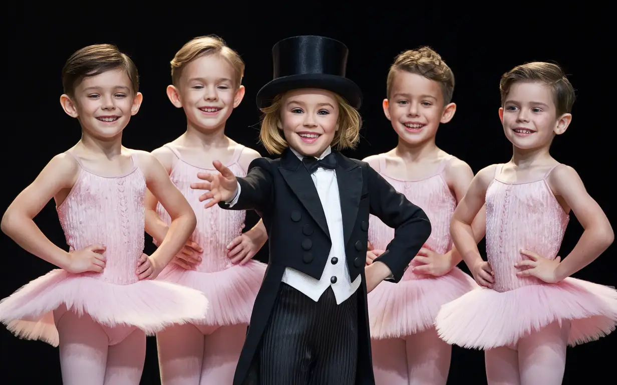 ((Gender role-reversal)), colourful Photograph of 4 cute little 10-year-old schoolboys bravely standing on stage in fluffy pink ballerina dresses and tights smiling nervously, in the middle is a 10-year-old girl in a tuxedo and a top hat and black trousers instructing the boys, toothy smiles, adorable, perfect faces, perfect faces, clear faces, perfect eyes, perfect noses, smooth skin