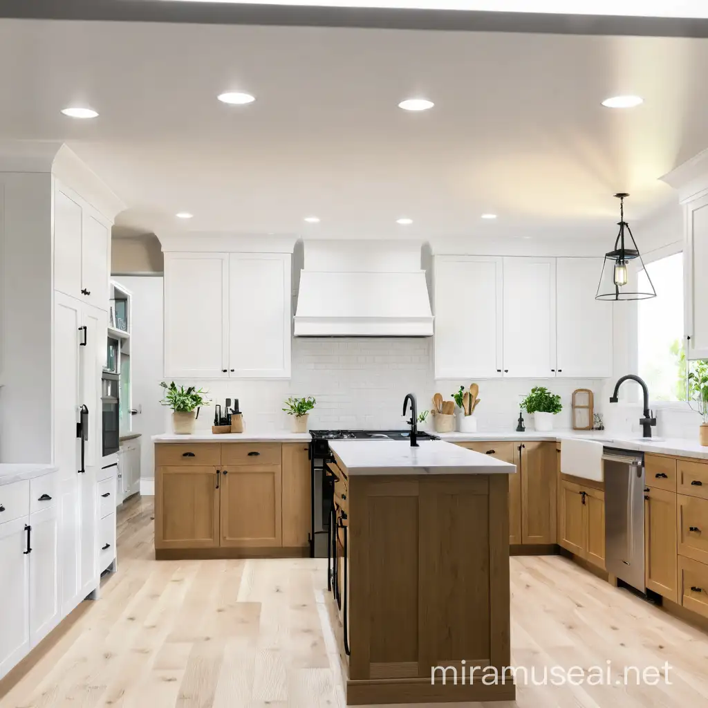 keep the layout kitchen, cabinet  shaker doors , add real  sunlight and maple wood floor, black fixture ,and spotlight ceiling ,change it to real finish oak wood doors shaker doors and white panted shaker doors ,add a plant on the island and dishes 
