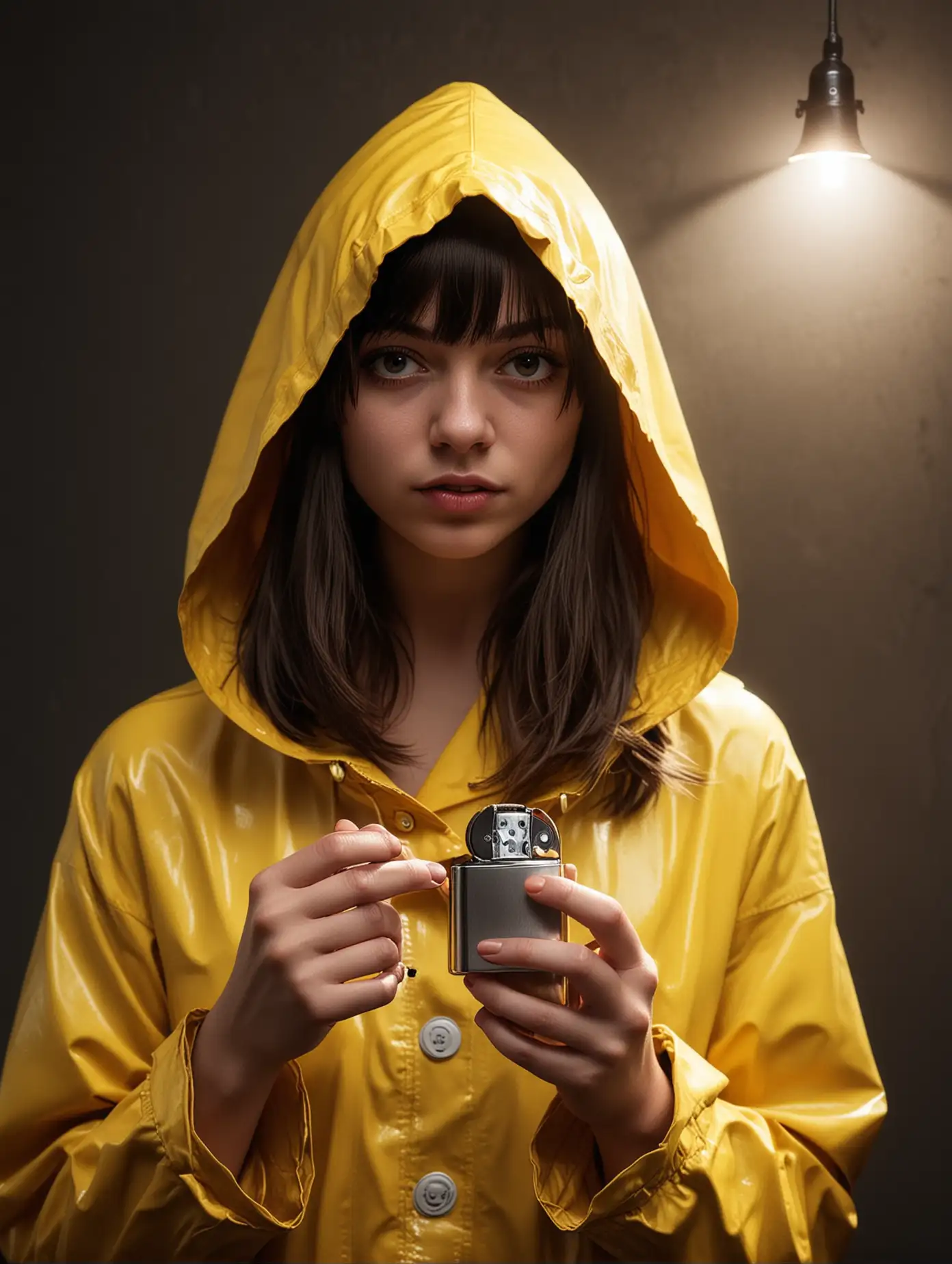Teenage girl wearing yellow raincoat with hood pulled up, dark brown hair blunt cut with bangs, holding zippo lighter out in front of her, dramatic shadows and lighting, six from little nightmares inspired