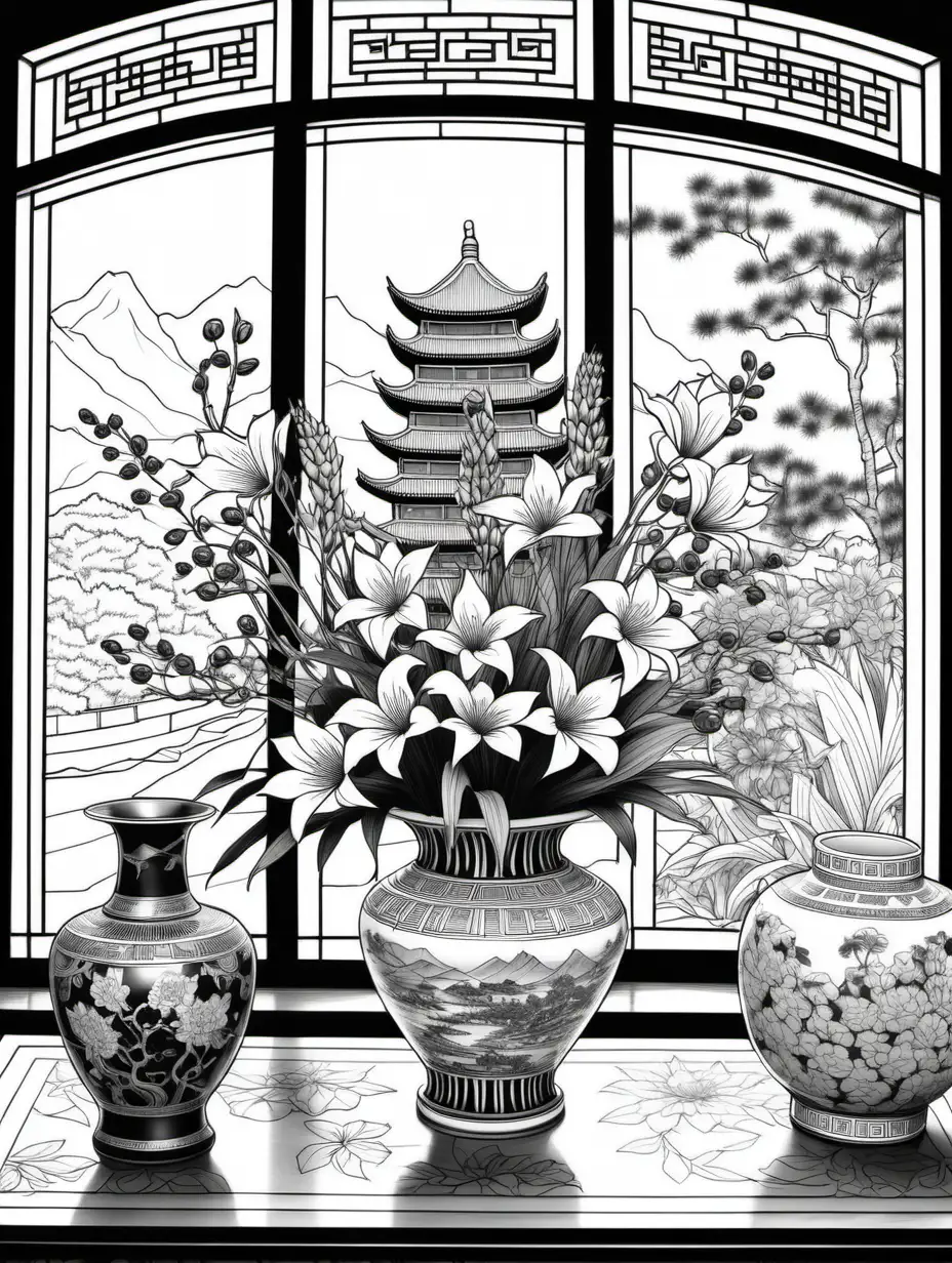 black and white, adult coloring book style, highly detailed, three flower arrangements with native chinese flowers, vase sitting on a table in front of a window, window scene includes chinese temple