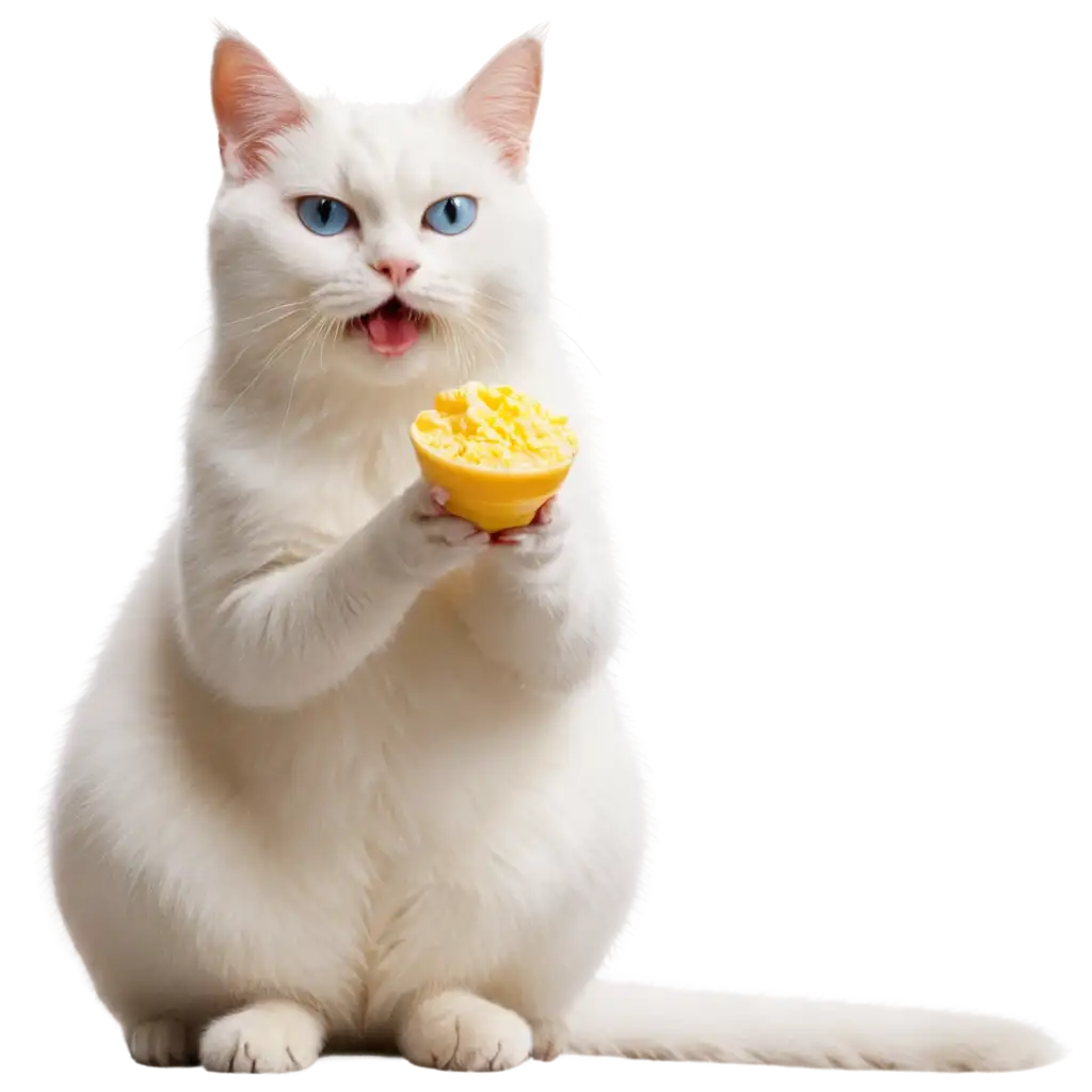 White cat eating cream sour 