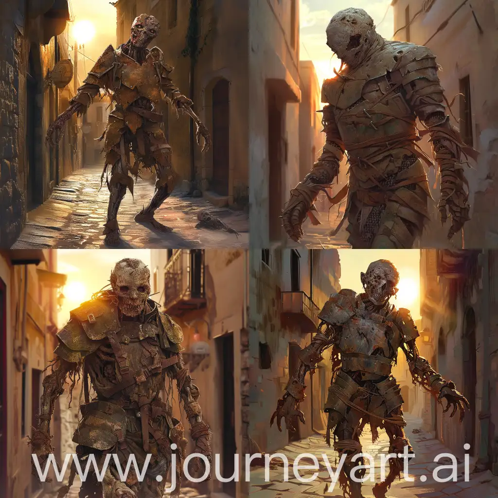 Undead-Homunculus-in-Rusted-Plate-Armor-Walking-through-Sunset-Alley
