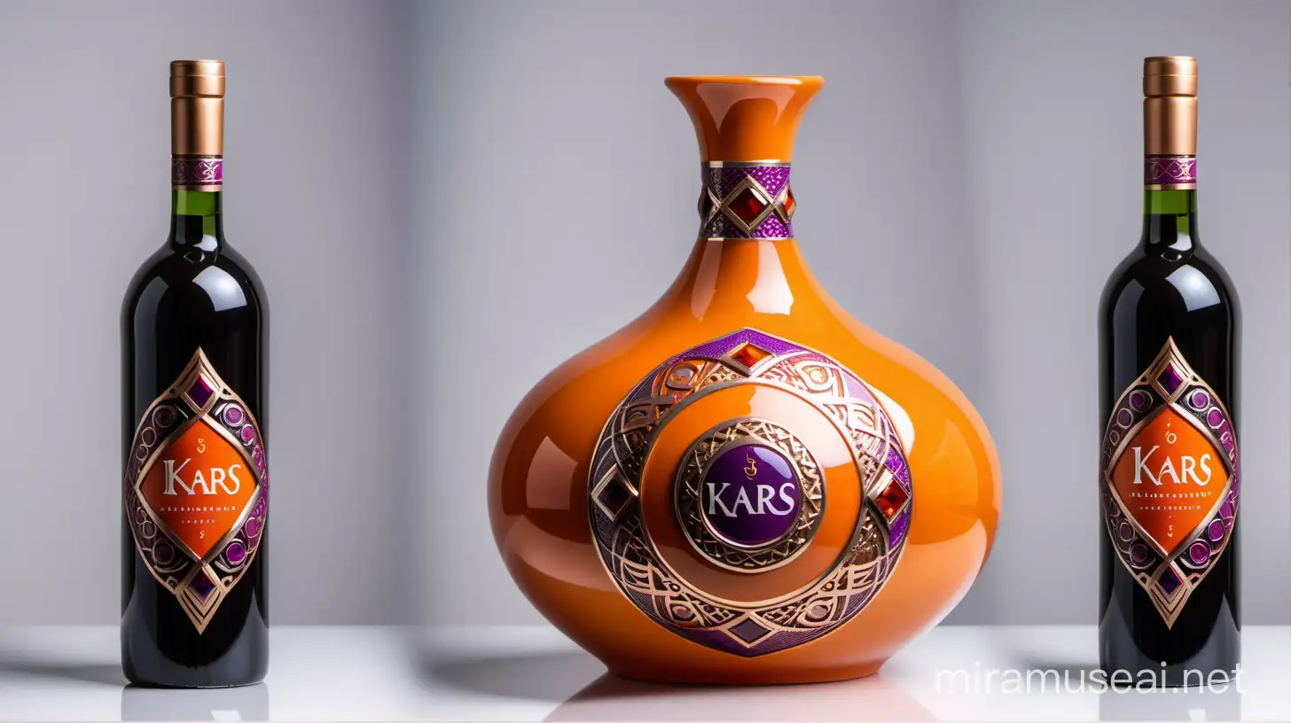 5th century Royal Armenian Apricot Wine called "KARS" modern wine bottle and box with luxurious packaging, modern and exclusive style Armenian stones and ornamentation