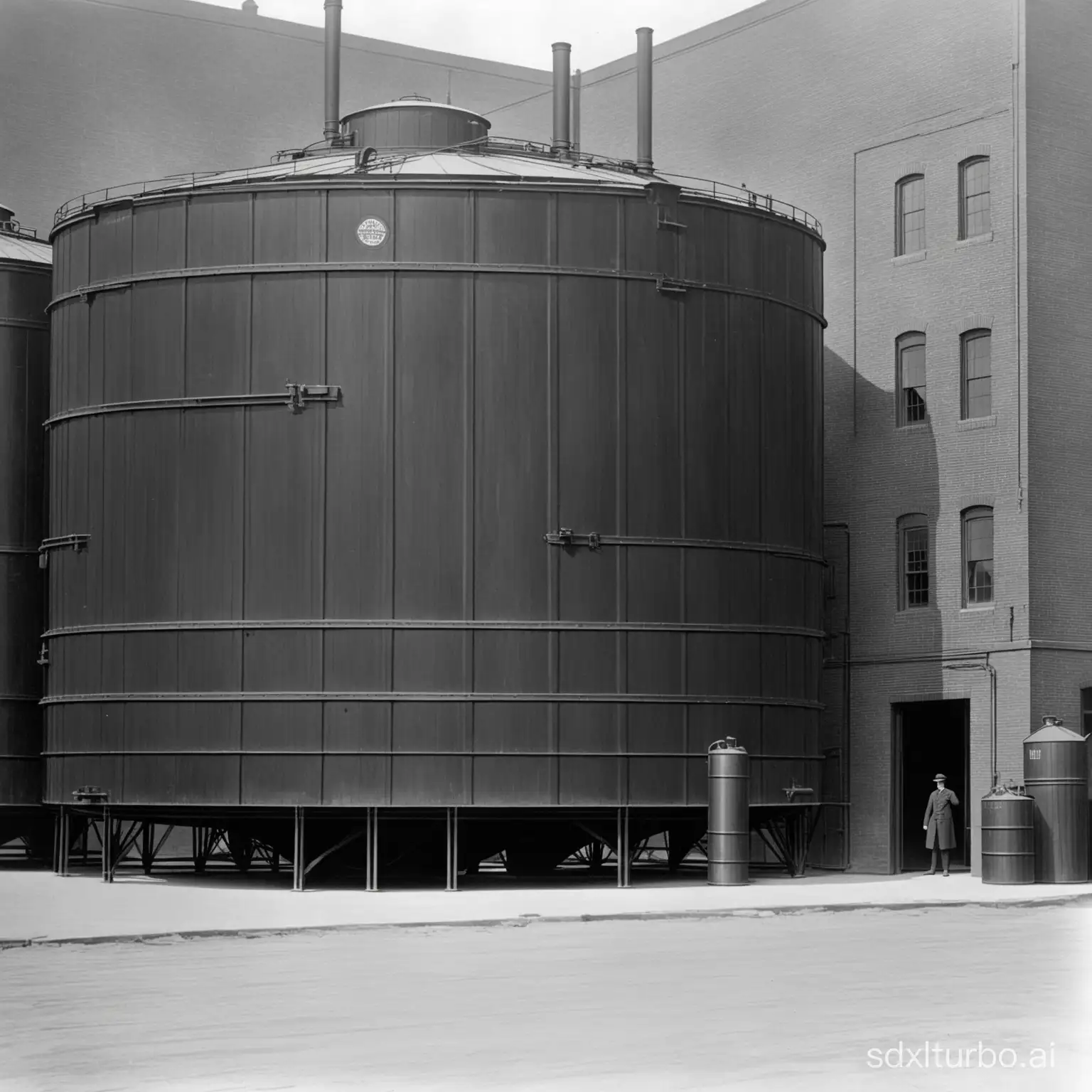 [The camera pans to a large tank labeled "Purity Distilling Company - Molasses Storage" outside in 1919 year