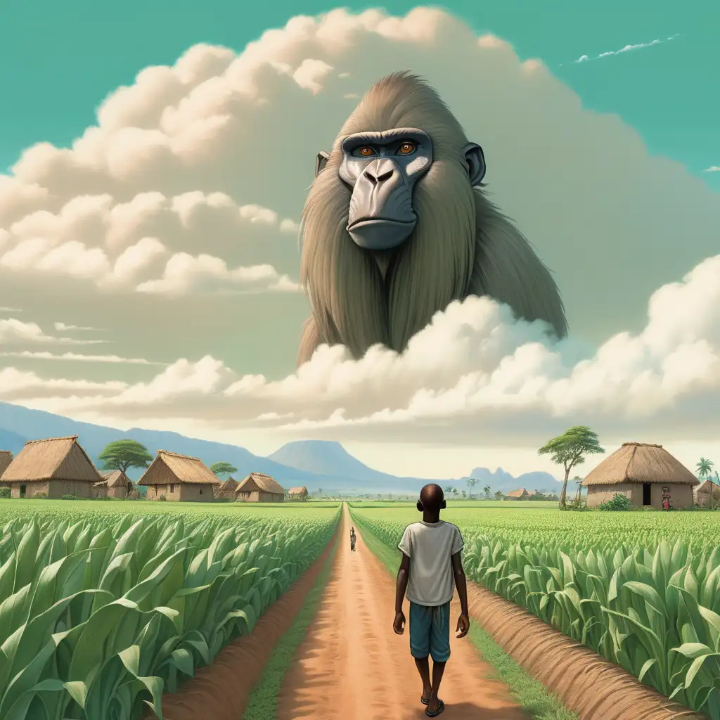a huge baboons face in the clouds in the sky above an african village, the village has tall green maize tall stalk rows and a mountain on its end. a young man walks amongst the field looking up at the sky. The overall style should be a muted, children's illustration aesthetic.