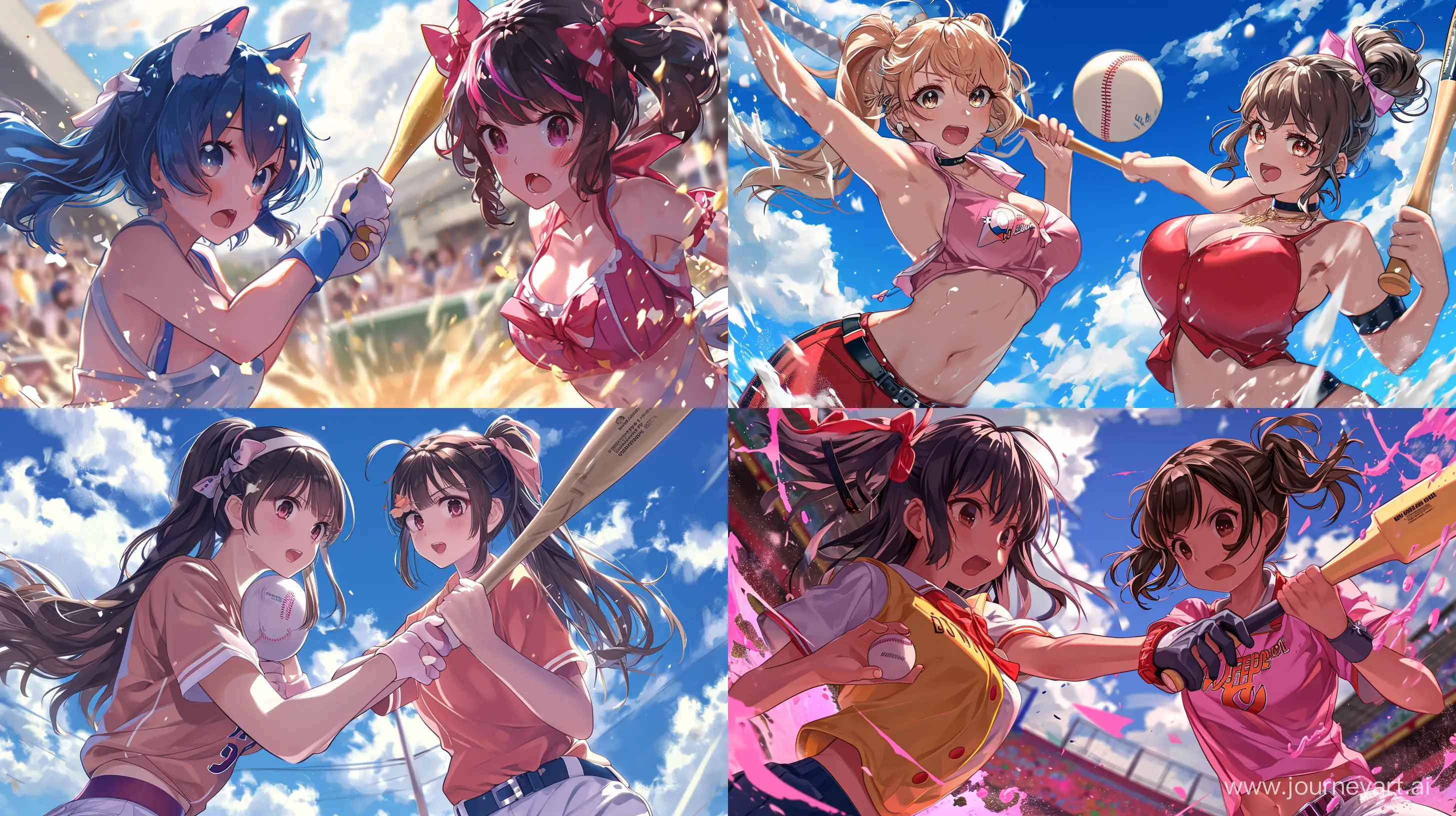 splash art, the batter between two female character, epic, best quality.  dynamic shot, dutch angle, nice color, ultra detailed, anime characters, beautiful, slightly special effect, cute, shounen manga style --v 6 --q 2 --ar 16:9