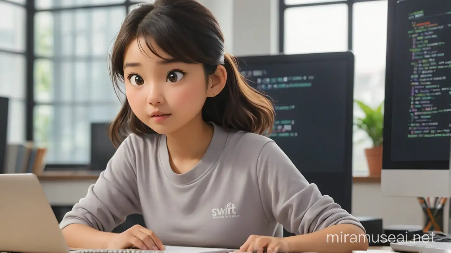 an asian girl is learning  variables for swift language with computer