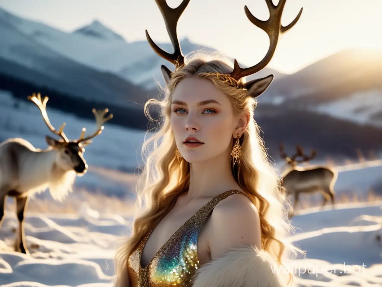 mid shot fashion photography, norse goddess Freya, pale dewy skin, iridescent golden glitter on face, hair is gently blowing in breeze, golden earrings, background is snowy mountain side, standing beside reindeer, golden hour, 60mm, f/1.8, --stlye raw --s400