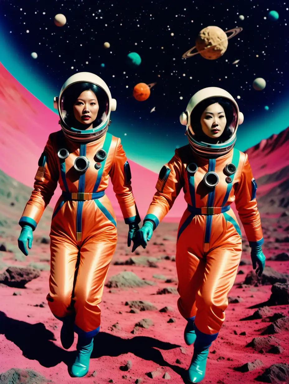 two chinese women wearingclassy retro space suits flying through psychedelic cosmos, cinematic, wes anderson color palette, 35 mm

