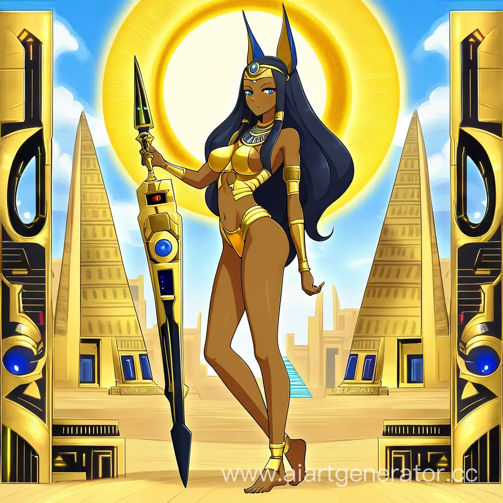 beaty anime girl with long hair black skin gold beautiful woman, ((, sun in the sky , FULL LENGTH PICTURE, full body visible, EGYPTIAN 1WOMAN, , skinny, perfect body, perfect breasts, (detailed face:1.3), TAN SKIN, anubis cyberpunk mechanical body parts spear in hand, egypt city on background girl pharaon princess of Egypt