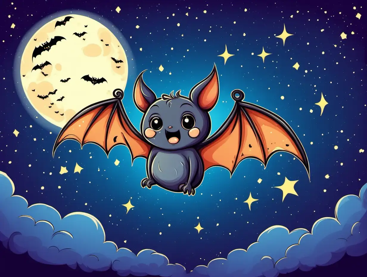 Adorable Cartoon Bat Soaring Against a Starry Night Sky