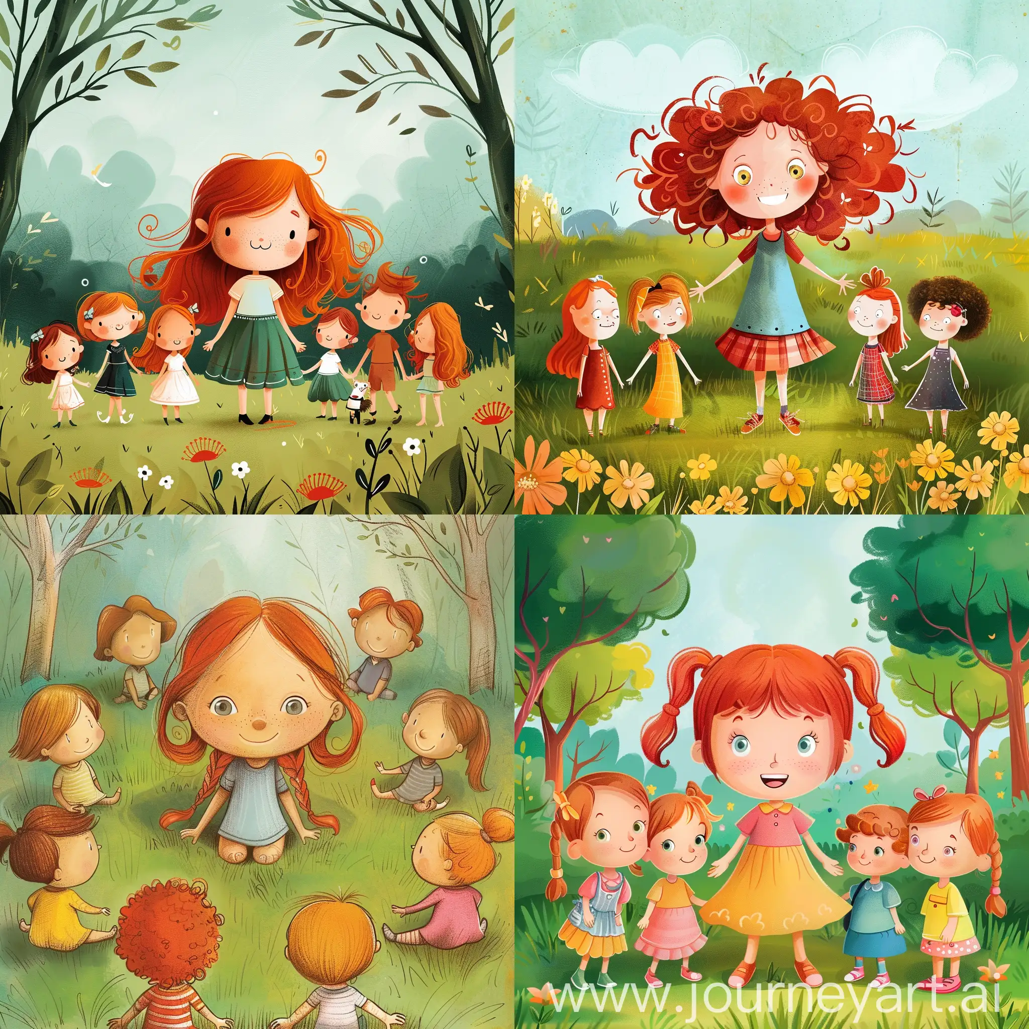 Little cartoon girl with red hair surrounded by her 6 friends in the park