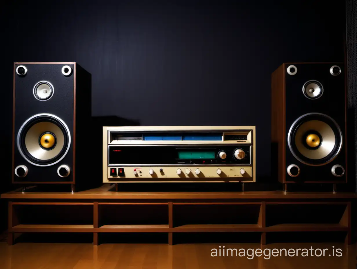 A 70's japanese stereo system with 2 seperate loudspeakers in a dark room