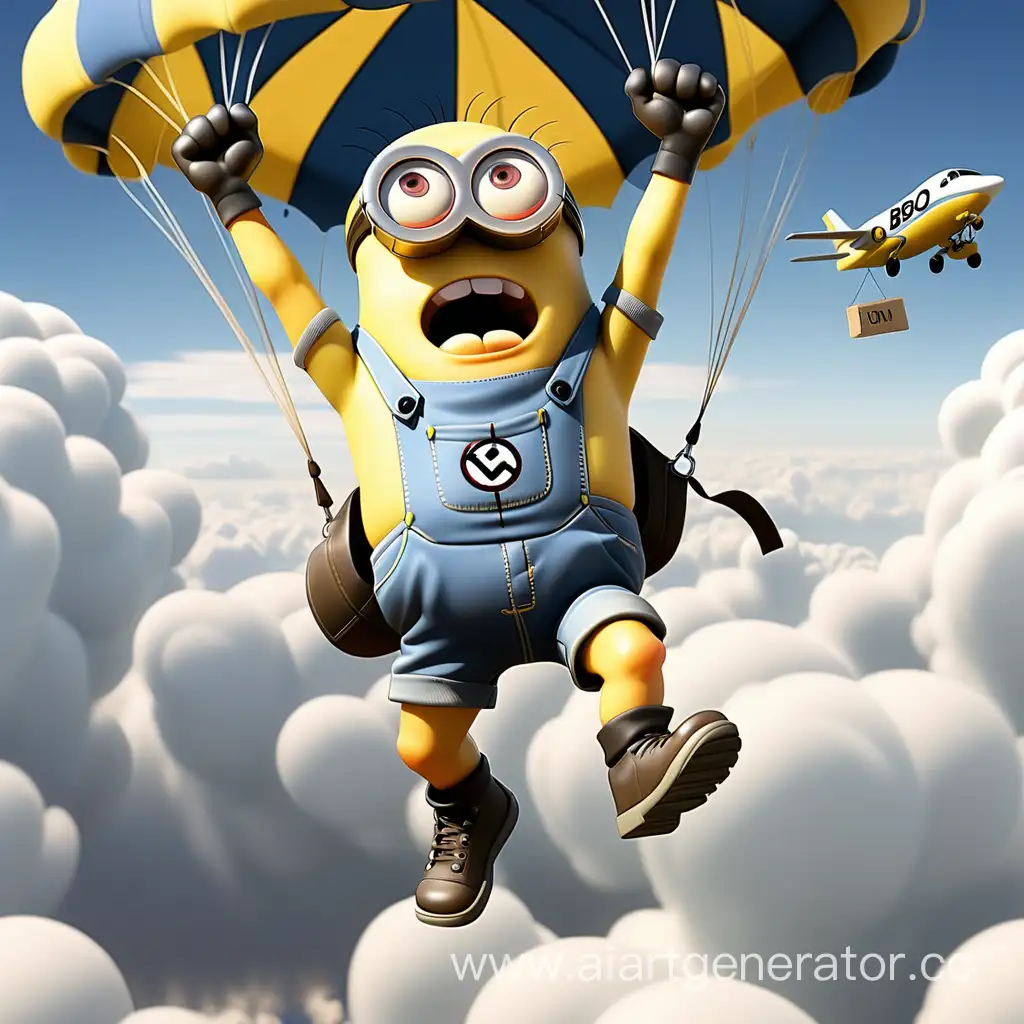 a pumped-up minion in a T-shirt with the inscription CBO jumps from a plane with a parachute in a blue sky and white clouds