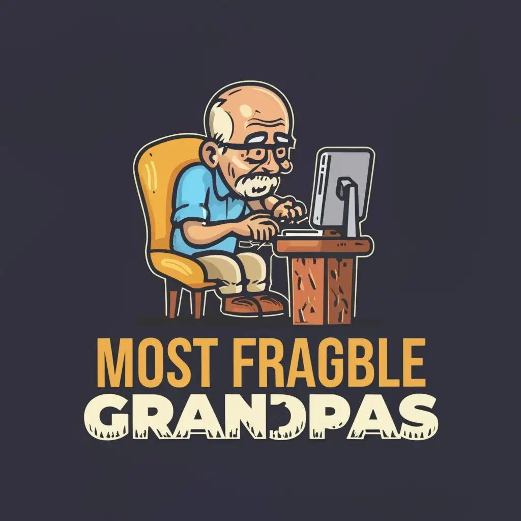 logo, frail old man playing on computer, with the text "Most Fragile Grandpas", typography