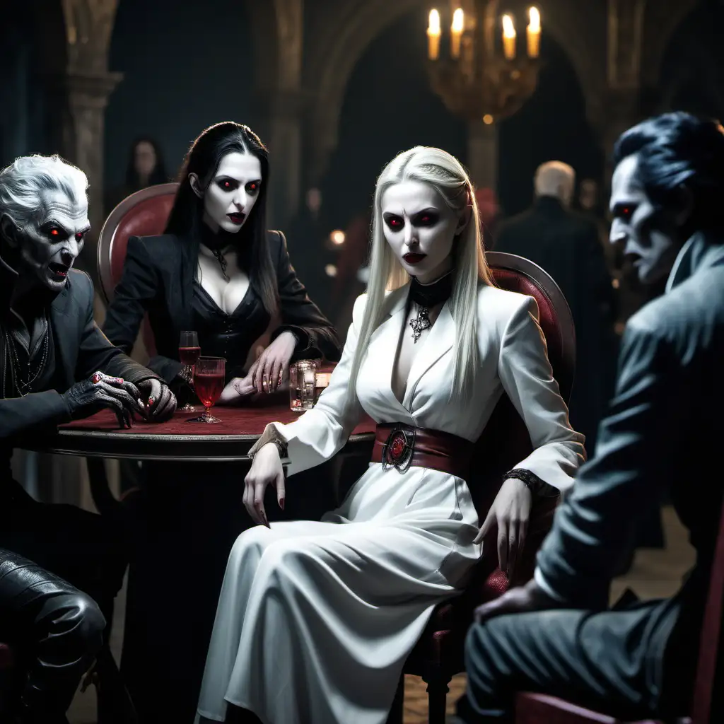 A white female Banu Haqim, primogen, red eyes, wearing expensive clothing, sitting on a chair by a table, talking to other vampires, other vampires sitting around the table, realistic