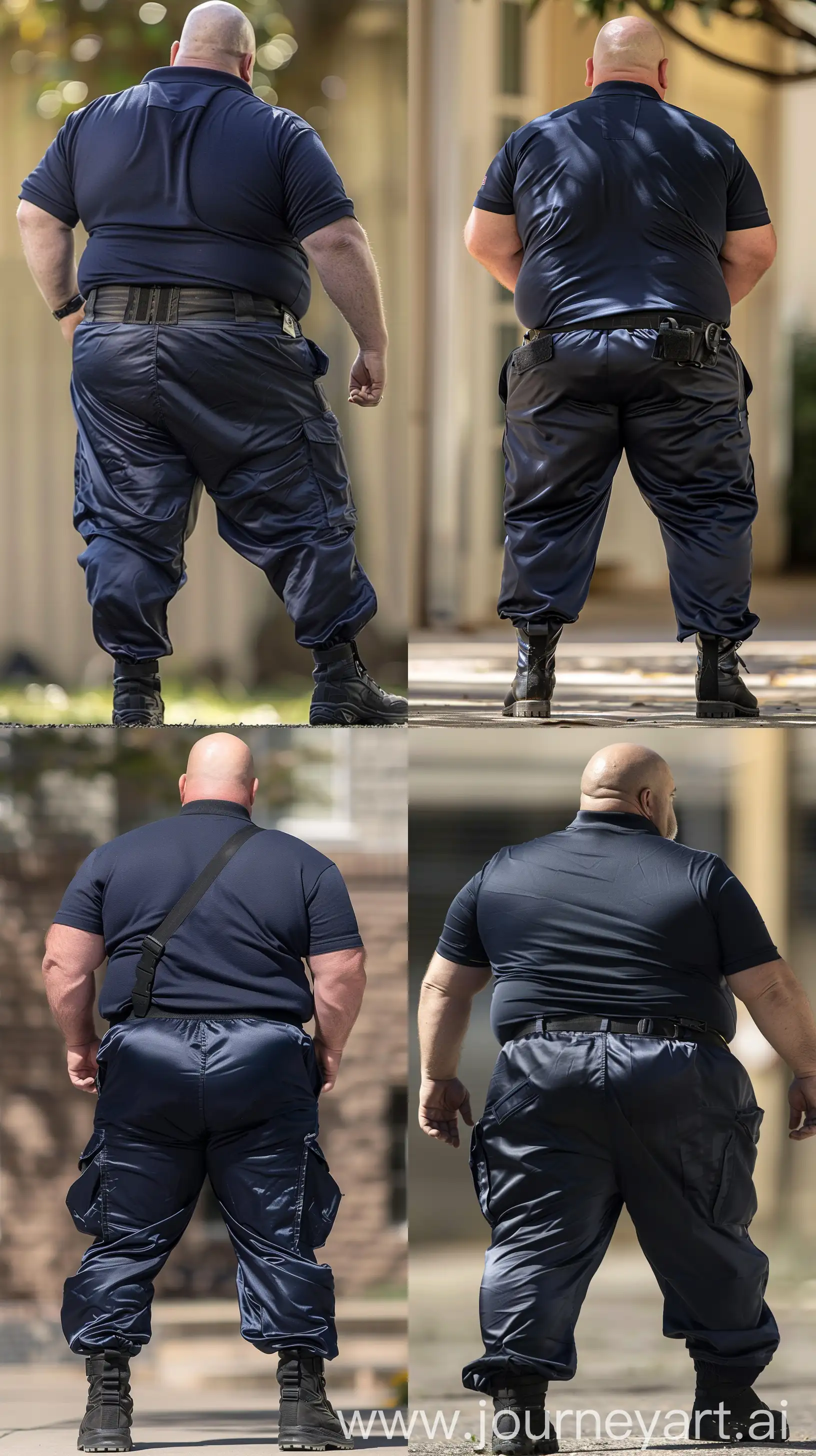 Close-up full body back view photo of a very fat man aged 60. The man is wearing silk navy stretched out battle pants tucked in black tactical boots, he has a tucked in silk navy sport polo shirt and a black tactical belt. The man is standing straight and leaning forward. Outside. Bald. Clean Shaven. Natural light. --ar 9:16