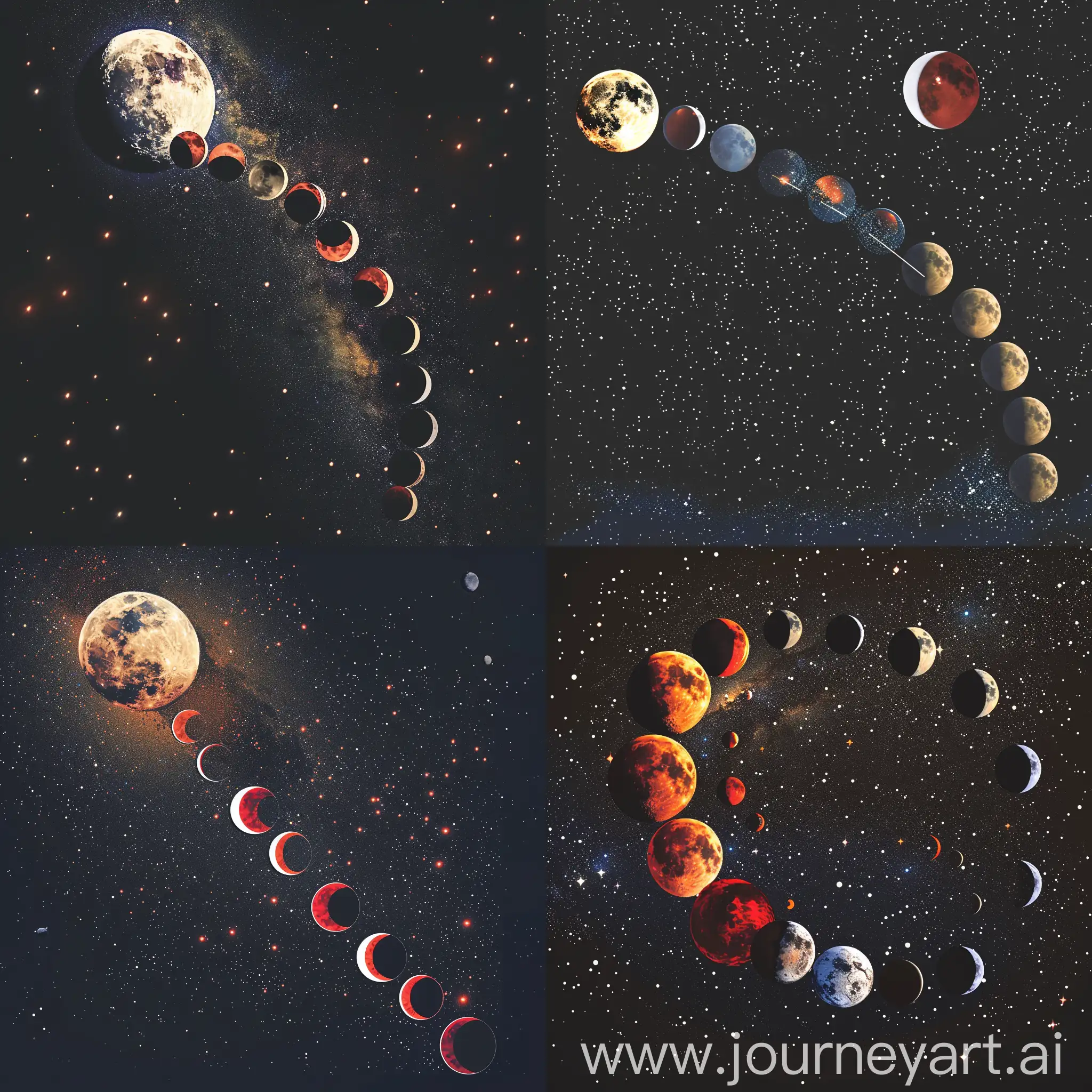 make me an animation about lunar and solar eclipse in the space, full of stars bacground, ellipse orbit of moon around earth, show the different phases of moon in its orbit, duration of the animation is 5 minutes, in scratch code