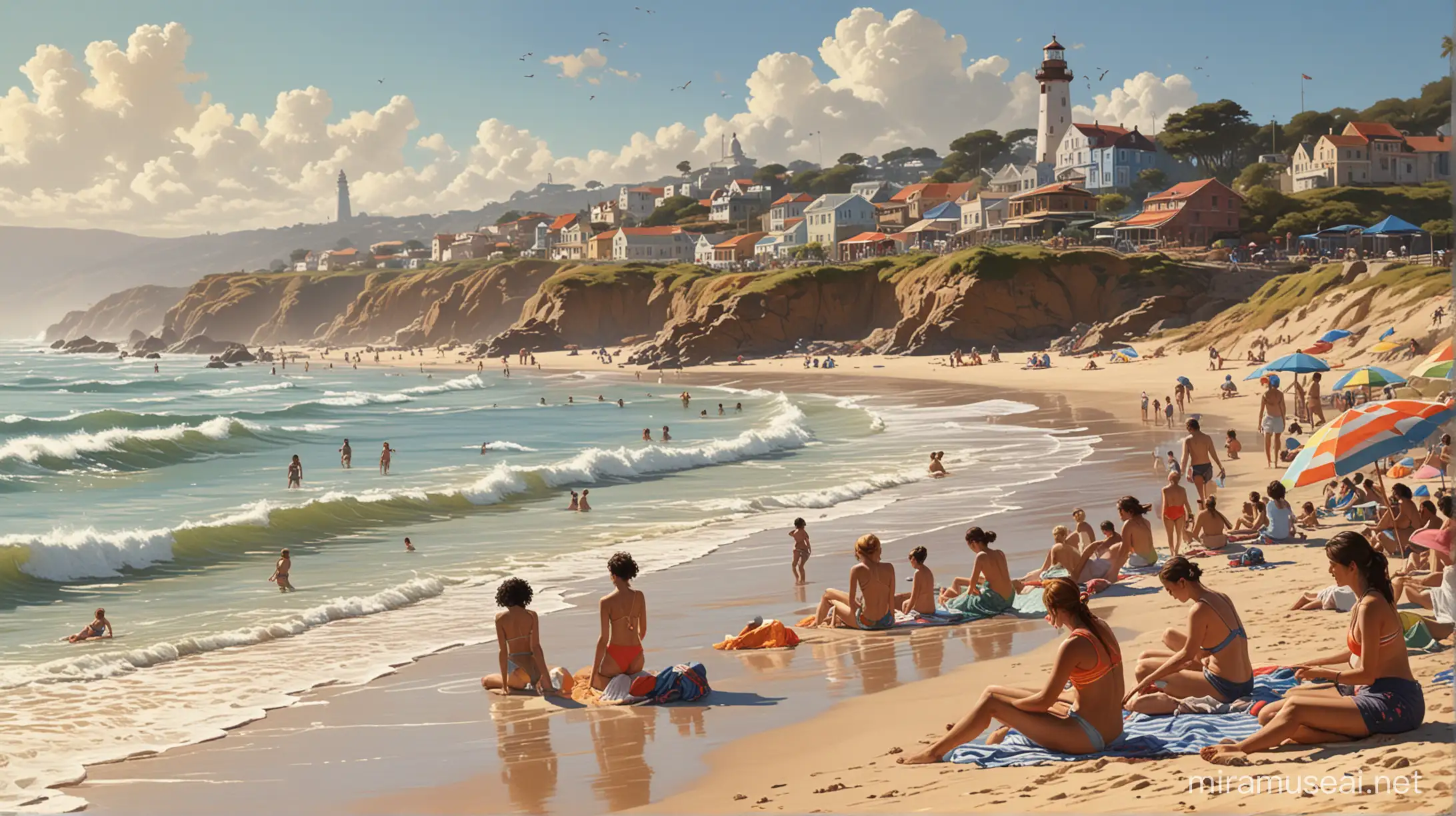 Realistic painting of a beach scene bustling with women of diverse ages and ethnicities, enjoying various activities. Some are sunbathing, others are playing volleyball, while a few are building sandcastles with children. The setting is sunny with clear blue skies and gentle waves lapping at the shore. Include details such as colorful beach umbrellas, striped towels, and a distant lighthouse. This scene should be captured with a vibrant palette and dynamic lighting, reminiscent of the works by Joaquín Sorolla, with a cinematic composition, trending on artstation.