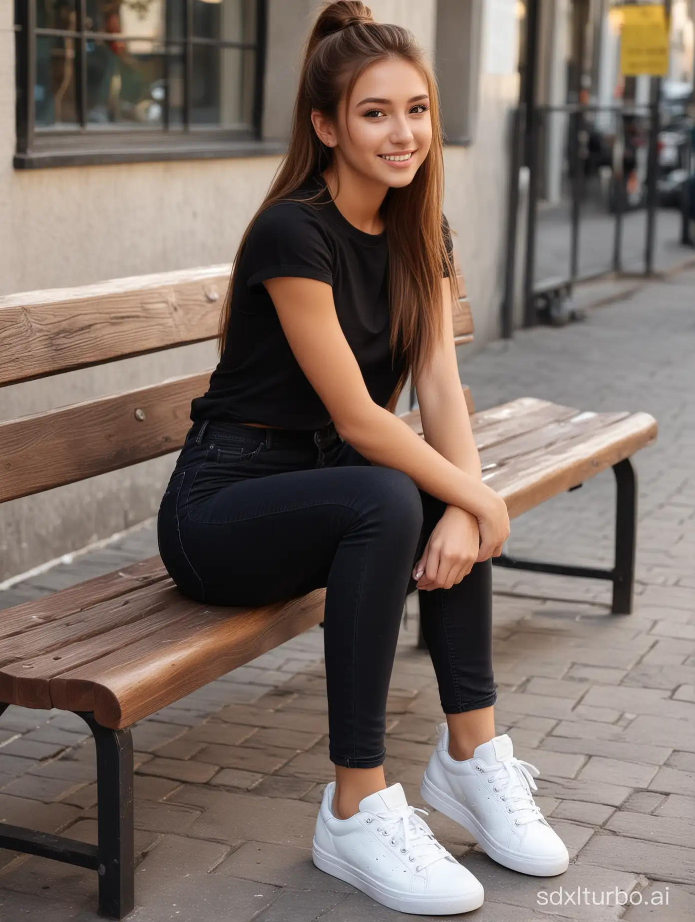 Confident-Eastern-European-Woman-with-Glowing-Skin-Sitting-on-Bench