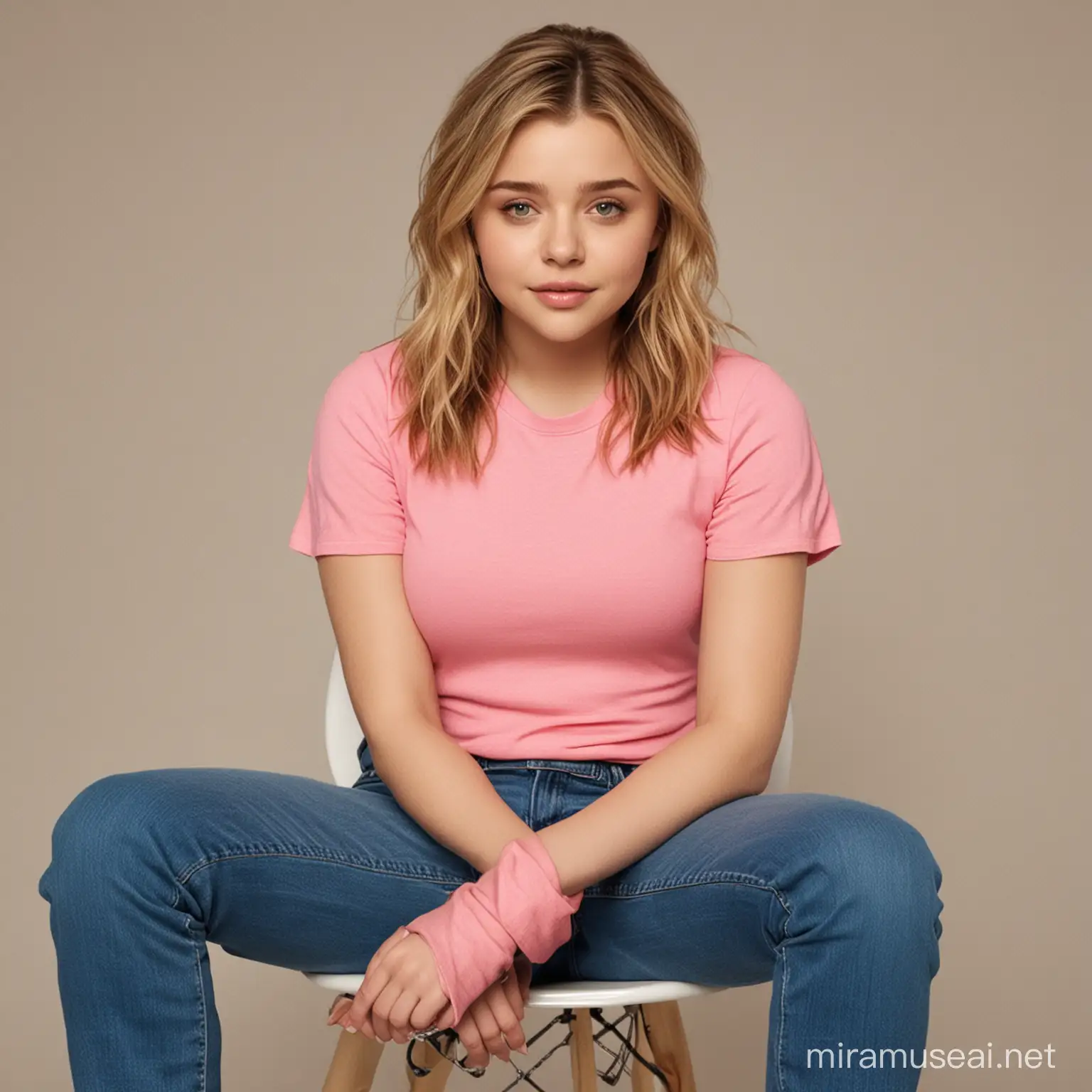 Chloë Grace Moretz hot in pink top and blue jeans sitting on chair