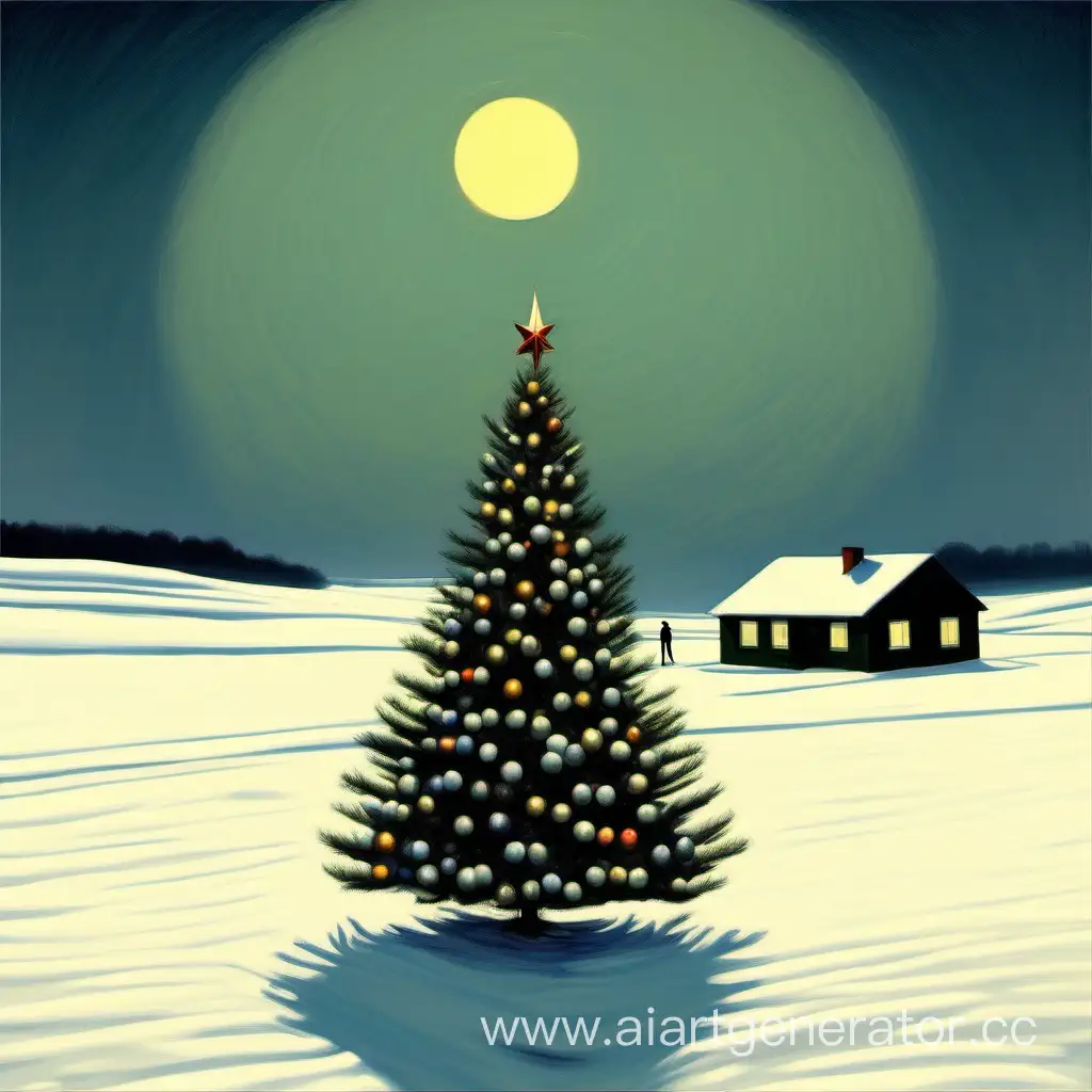 happy new year Christmas tree, edward hopper style, snow field, open view