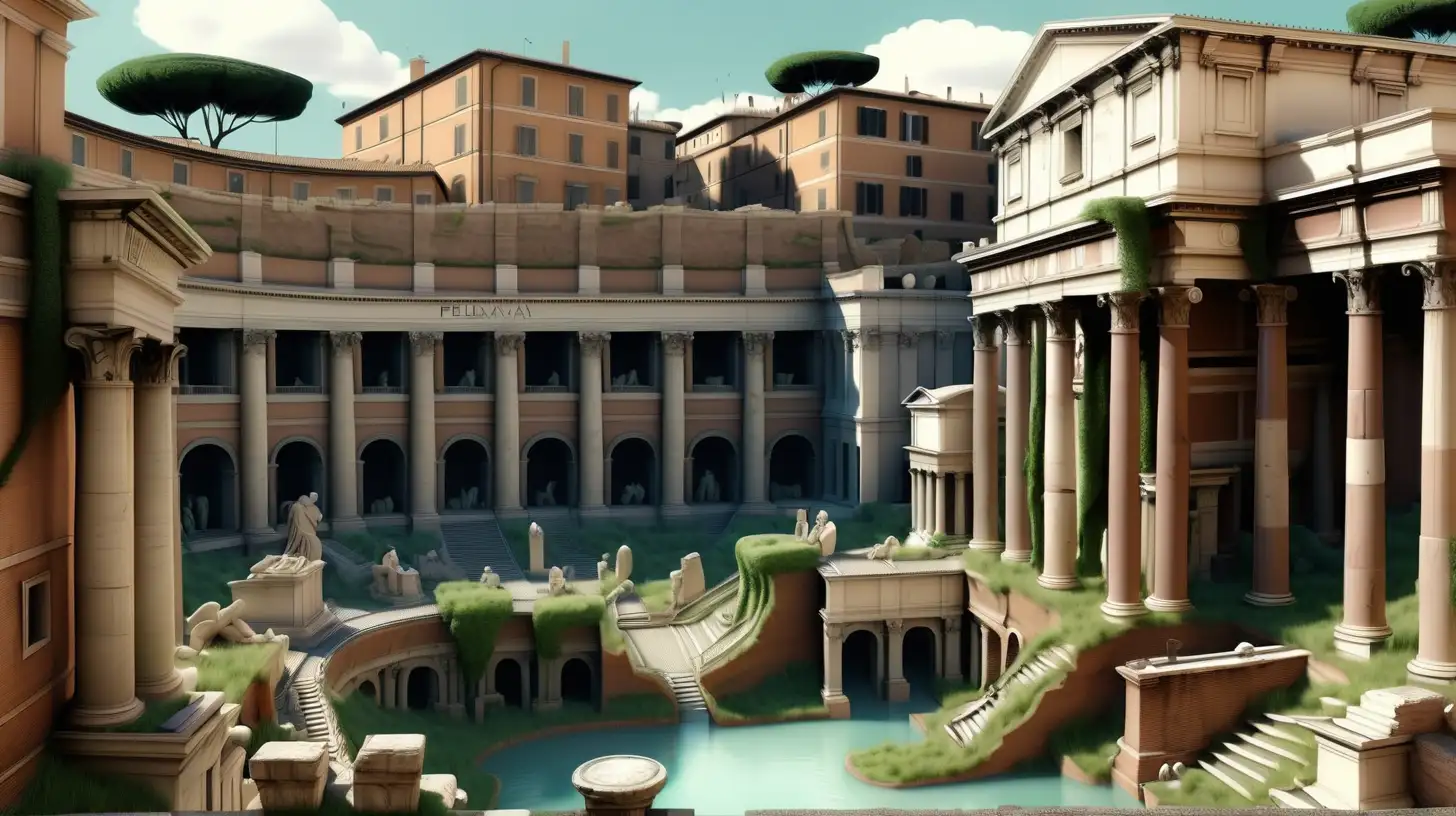 Ancient Rome, panorama, architectural grandeur, lush vegetation. A real pleiad of color and details