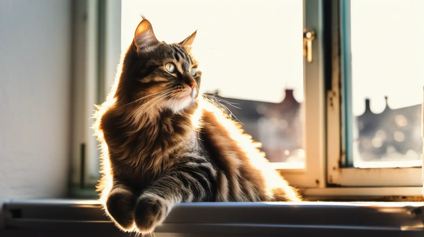 A fluffy tabby cat perched on a sunlit windowsill, its large eyes reflecting the warmth of the morning light.
