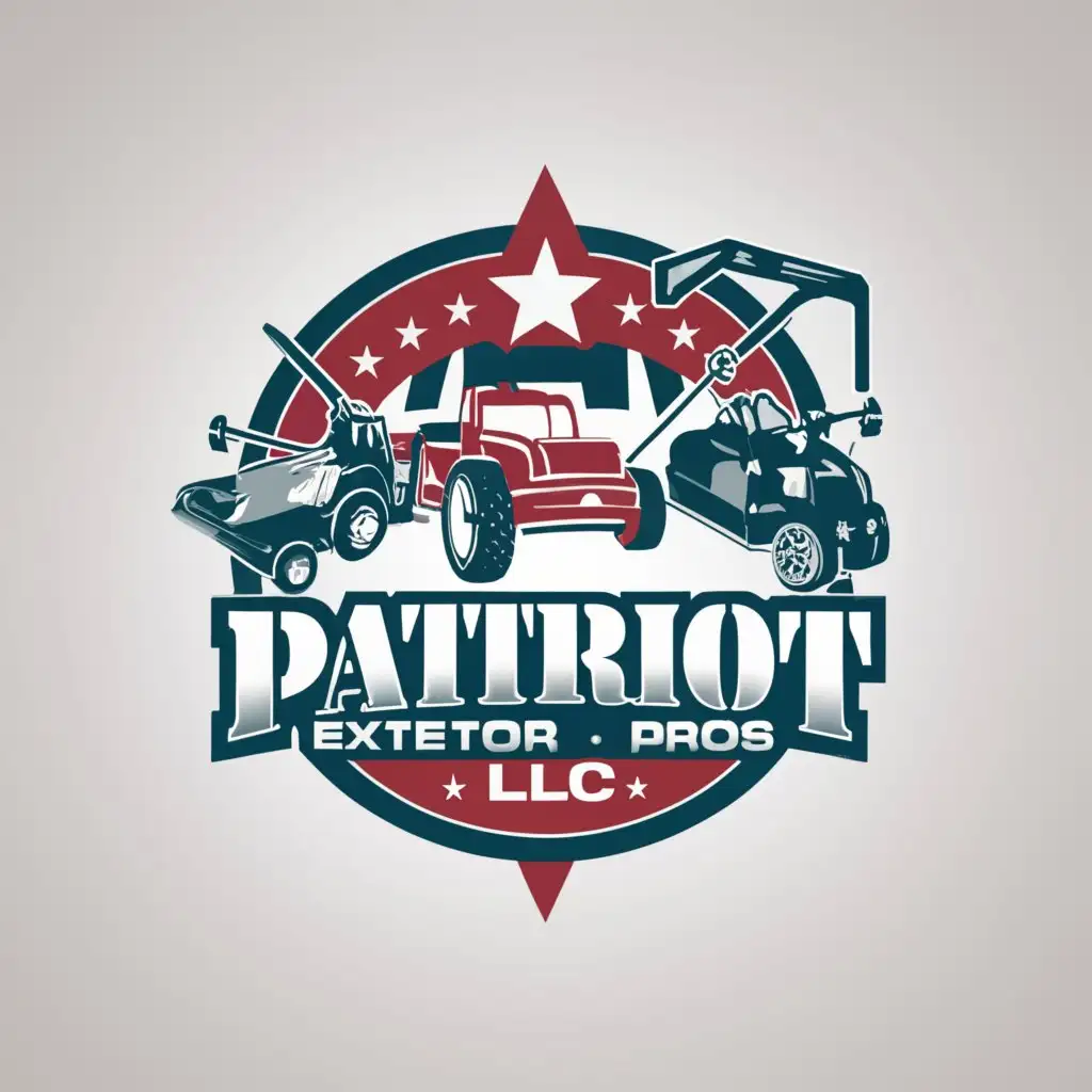 a logo design,with the text "Patriot Exterior Pros, LLC", main symbol:Mower, Pressure Washer, Truck, boom lift, trimming trees, Tools,Moderate,be used in Construction industry,clear background
