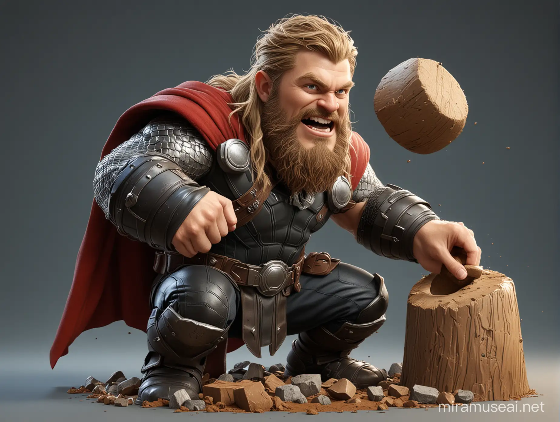 create a realistic 3d carricature image of Marvel's superhero, Thor Playing Whack-a-Mole with Mjolnir