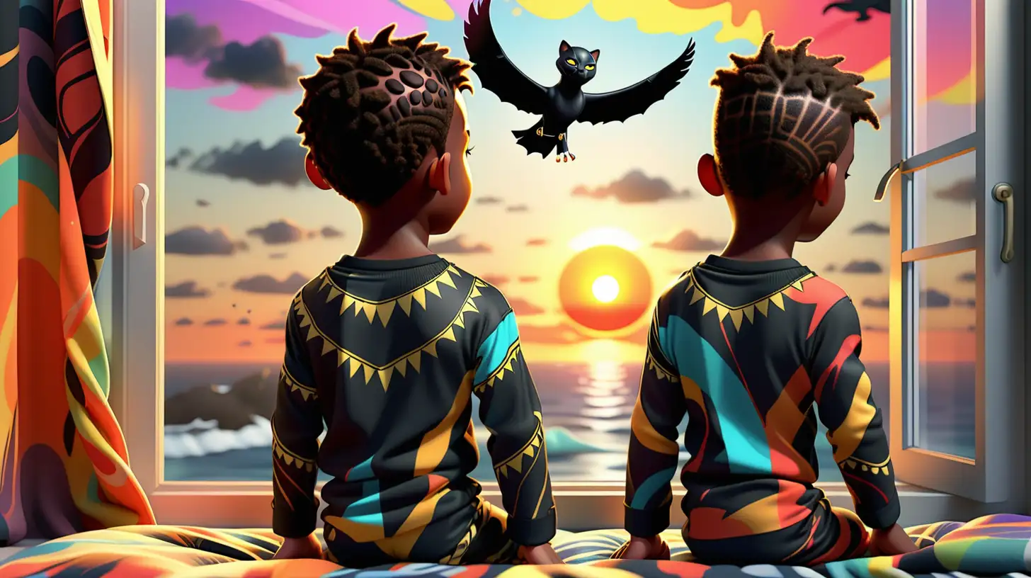 /imagine A 6 year old black boy in his black panther pajama from the apartment looking from the window at the ocean, as the sun begin to rise up and a seagull in the distance flying by colorful abstract 4k art