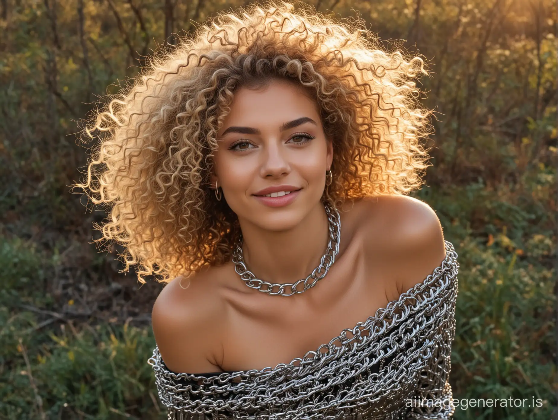 top view. beautiful fashion model european short curly wild hair blonde woman, fashion poses, slim waist, a soft smile. holds himself by the throat with his hands. in sunset forest. leaned over and looked from above. Wide collar made of plexiglass with thick metal chain and elegant in an off-shoulder dress