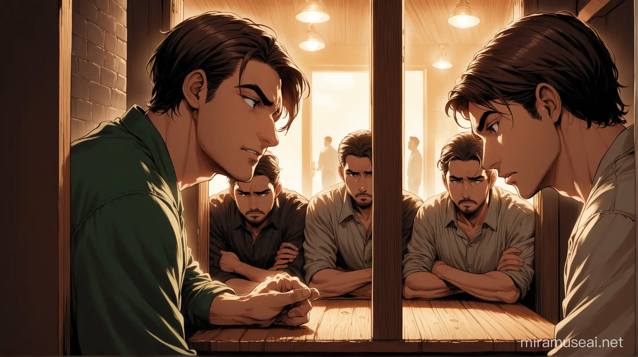 A man in his mid-20s with short brown hair stands at the exit of a well-lit bar, his posture slumped and shoulders defeated. A look of deep sadness and betrayal clouds his face. Through the doorway, he sees his three friends, also men from diverse backgrounds, huddled closely around a table. Their faces are etched with negativity; brows furrowed and mouths turned downwards, as they speak in hushed but intense tones. The man's gaze is fixated on them, his hand gripping the doorknob tightly. It's clear he's overheard something he wasn't meant to
