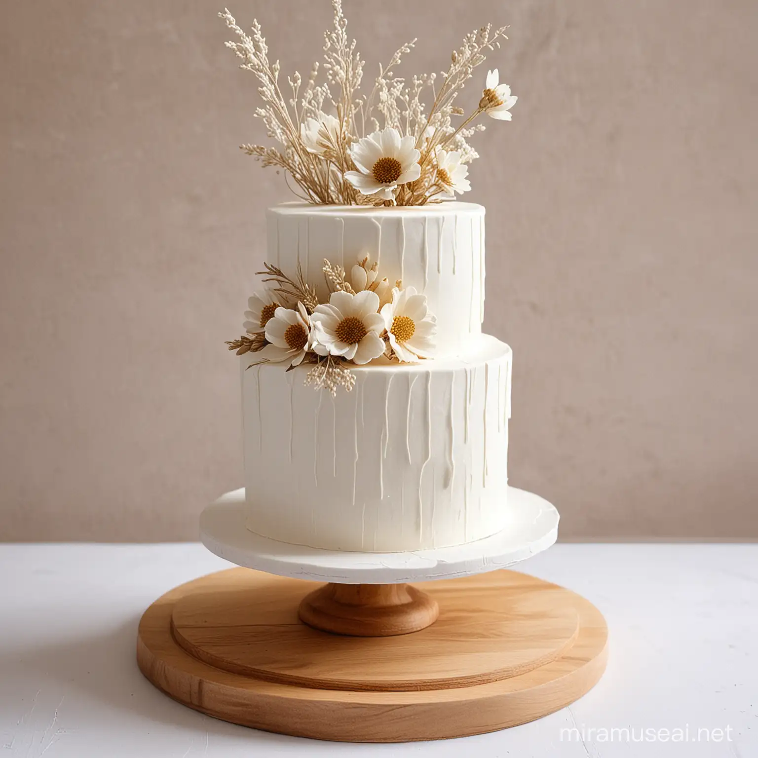 Elegant TwoTiered White Cake with Minimalist Design and Dried Flower Decoration