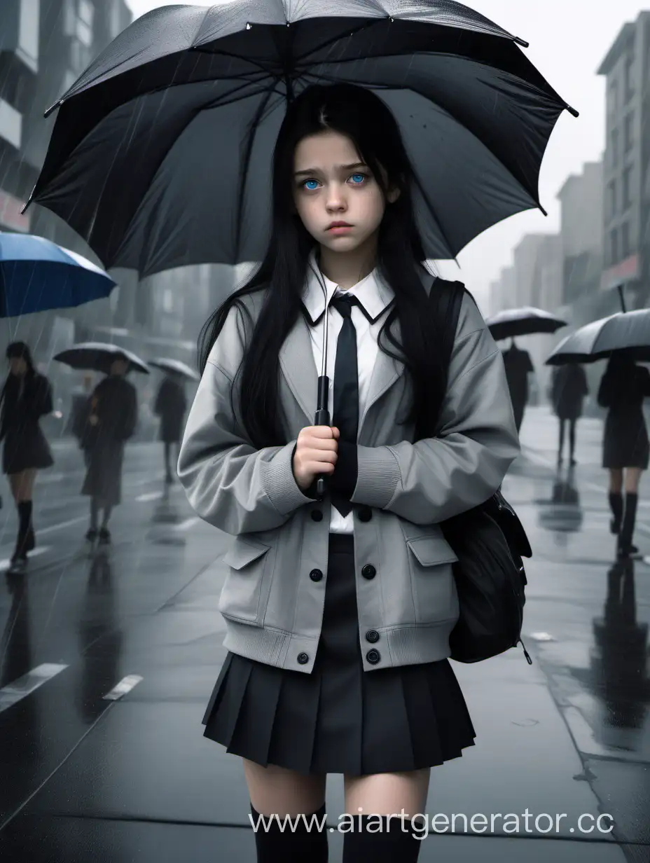 Девушка лет 14-17, милая, с голубыми глазами и черными длинными волосами, в сером пиджаке, застегнутом на черные пуговицы, с черной кофтой и белым воротником, с черной юбкой. Смотрит на экран с грустным выражением лица, держит в руках зонт, и идет по серому, унылому, однообразному городу.