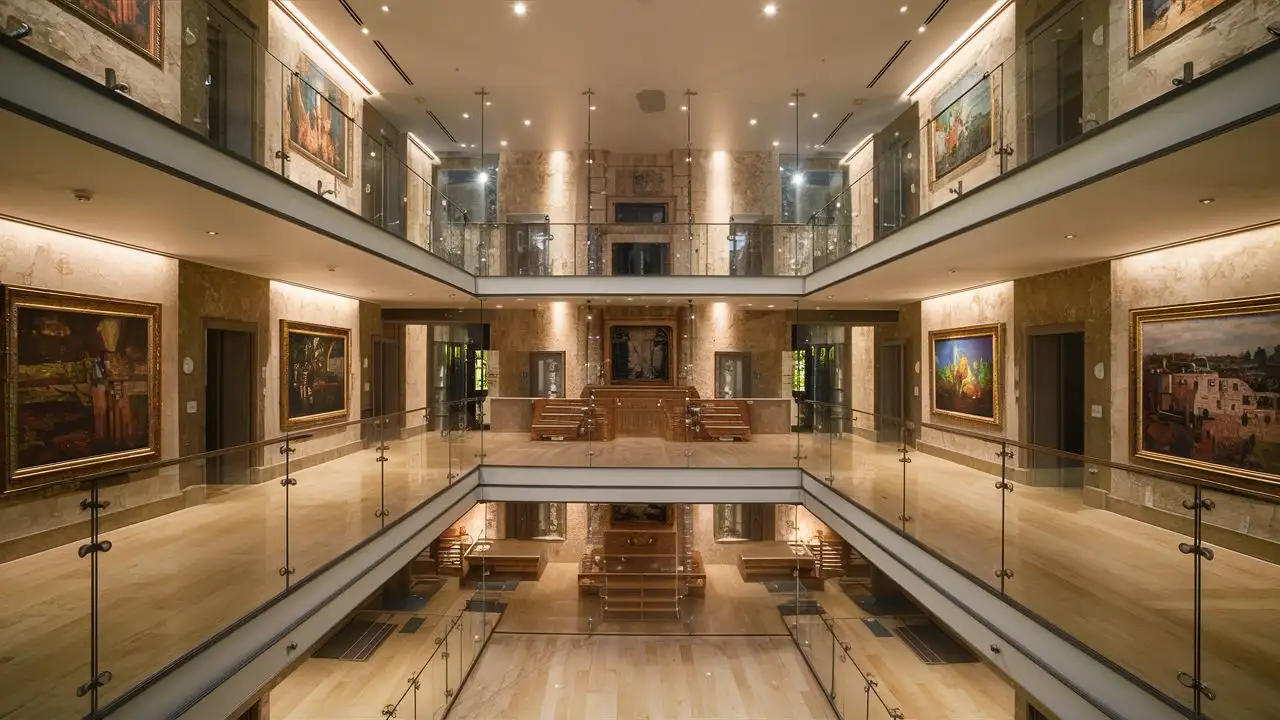 The mezzanine floor is 80 square meters and there is an area of ​​25 square meters in the middle of the room. The area is surrounded by glass railings. The area surrounded by glass railing is a space overlooking the lower floor. Pictures are displayed on the walls of the room. Paintings are focused by lighting. A design that blends Greek architecture with modern architecture.