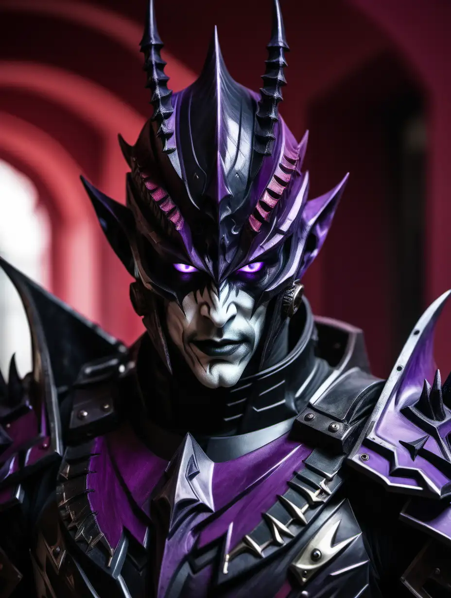 Portrait of the upper body and face of a Drukhari male wearing heavy black and purple armor.
White skin.
Purple eyes.
Sinister look on face.
Red corridor in background of image.