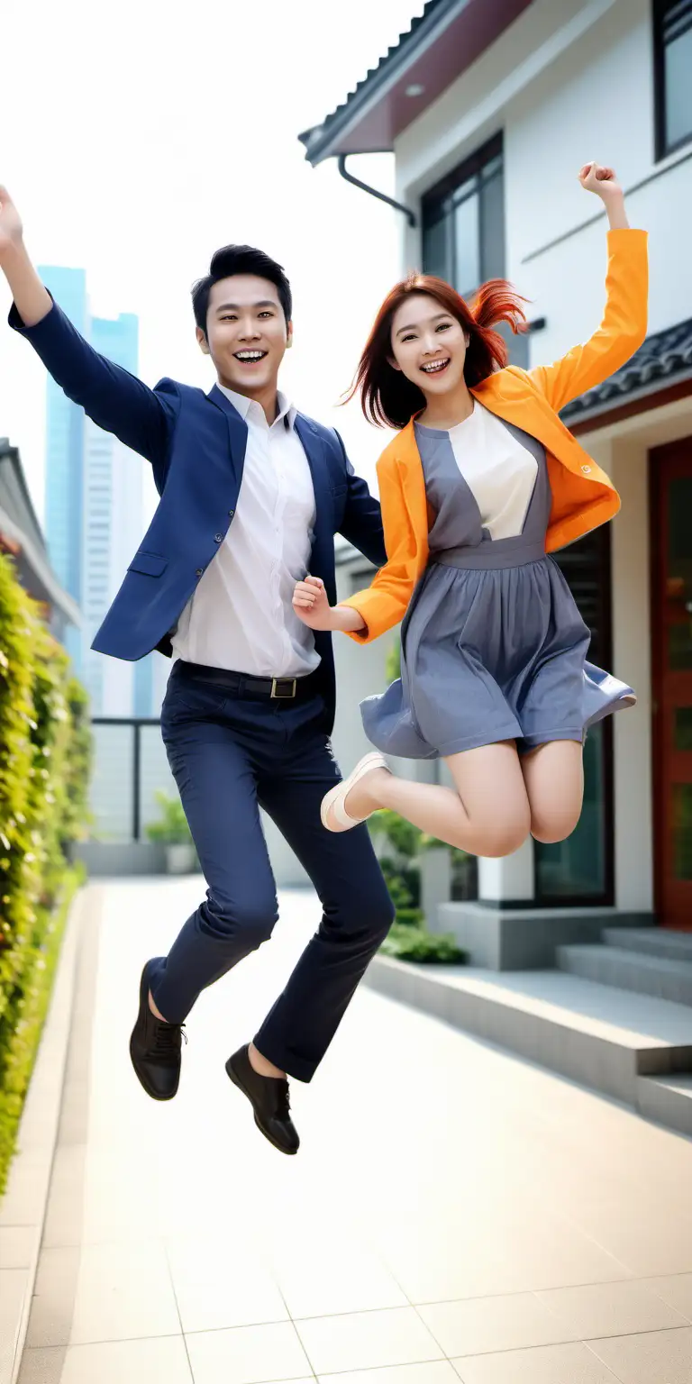 Charming Young Couple Celebrating Mortgage Approval at Bank with Jump of Joy